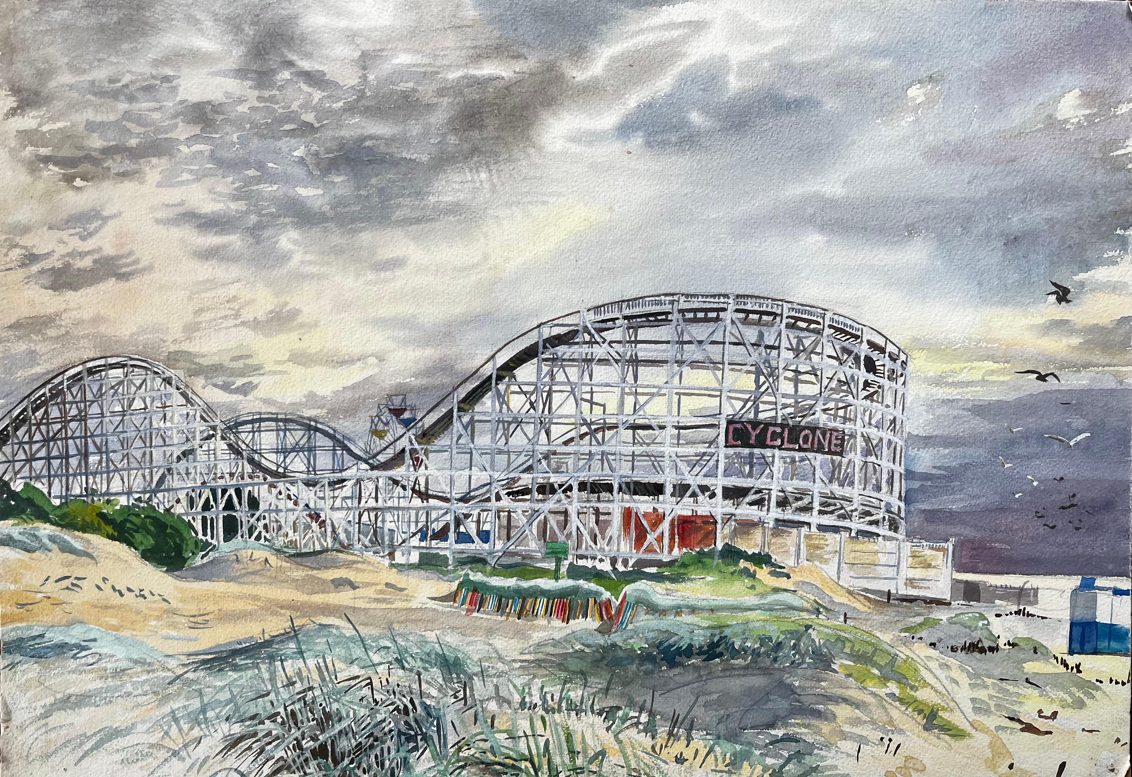 John Steane (b.1931) Landscape Painting - Southport Cyclone Rollercoaster Fairground Scene 1959 by John Steane