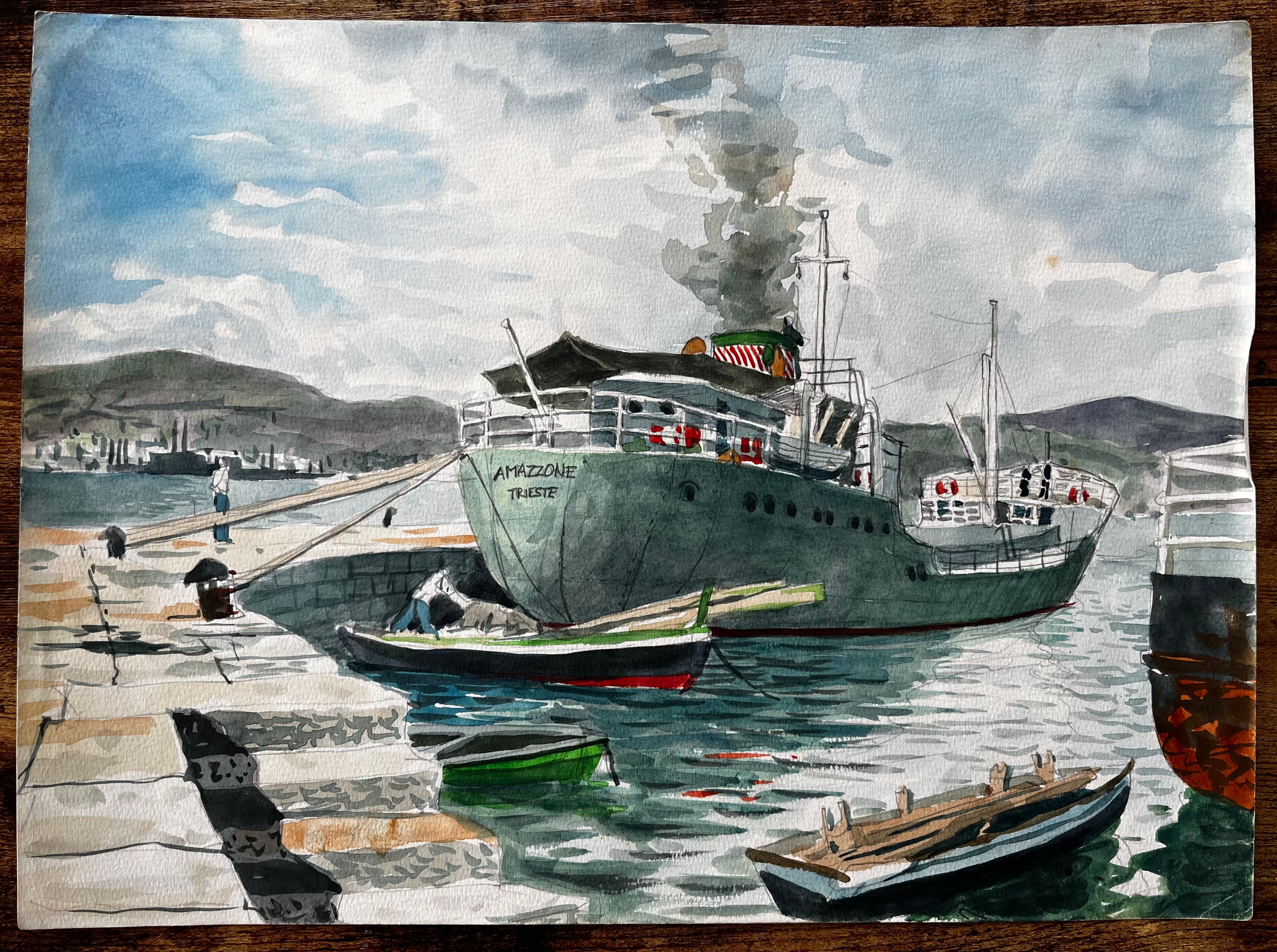 Steamship Amazzone Harbour Scene Muggia Italy 1950 Signed Watercolour Painting - Art by John Steane (b.1931)