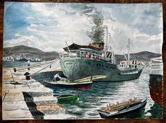 Steamship Amazzone Harbour Scene Muggia Italy 1950 Signed Watercolour Painting