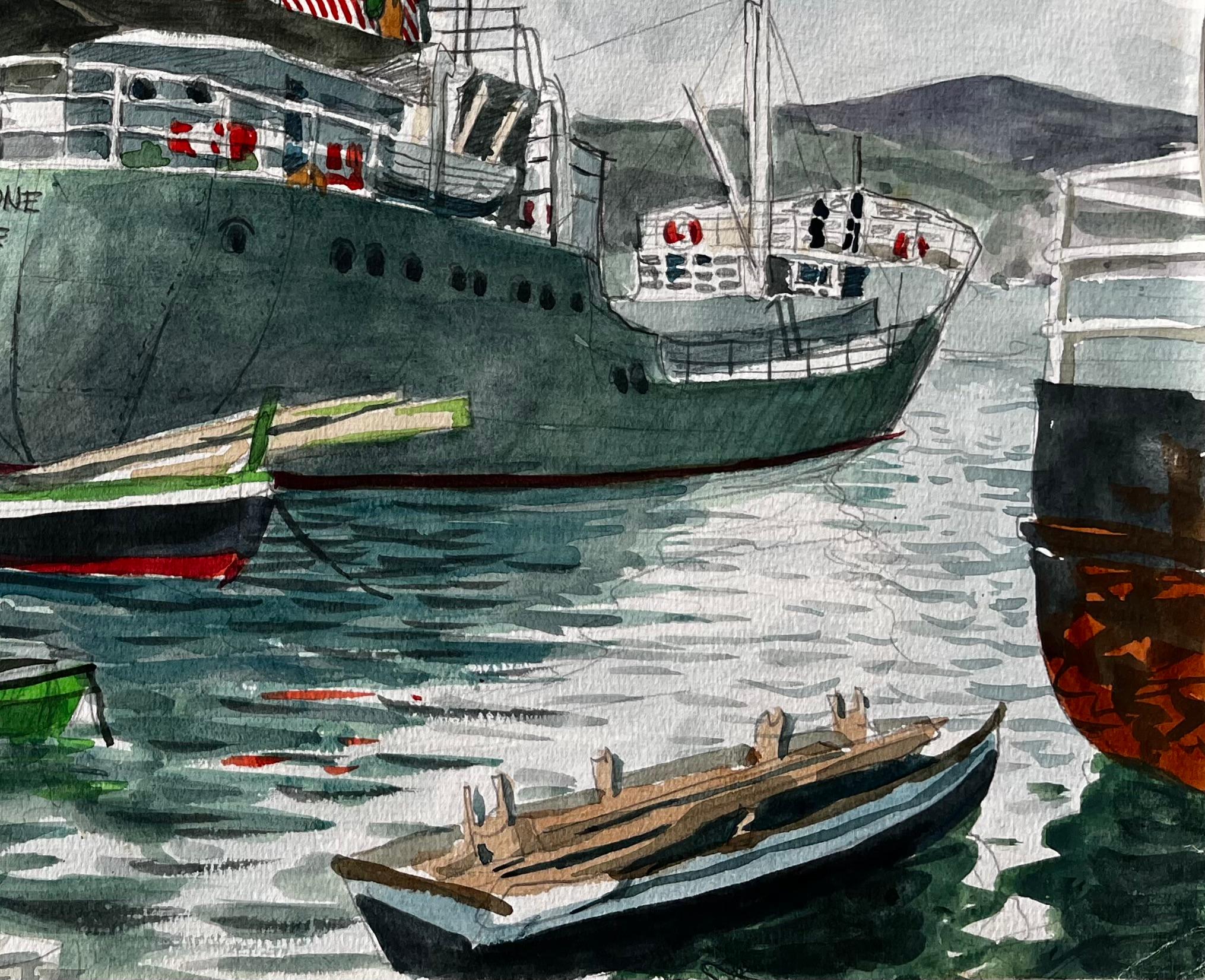 Steamship Amazzone Harbour Scene Muggia Italy 1950 Signed Watercolour Painting - Impressionist Art by John Steane (b.1931)