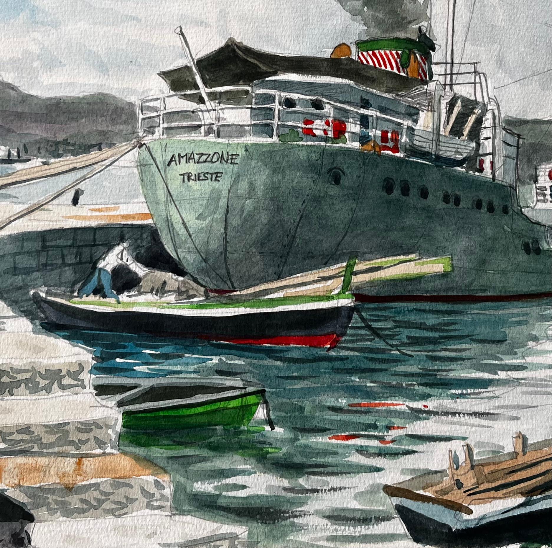 Steamship Amazzone Harbour Scene Muggia Italy 1950 Signed Watercolour Painting - Gray Landscape Art by John Steane (b.1931)