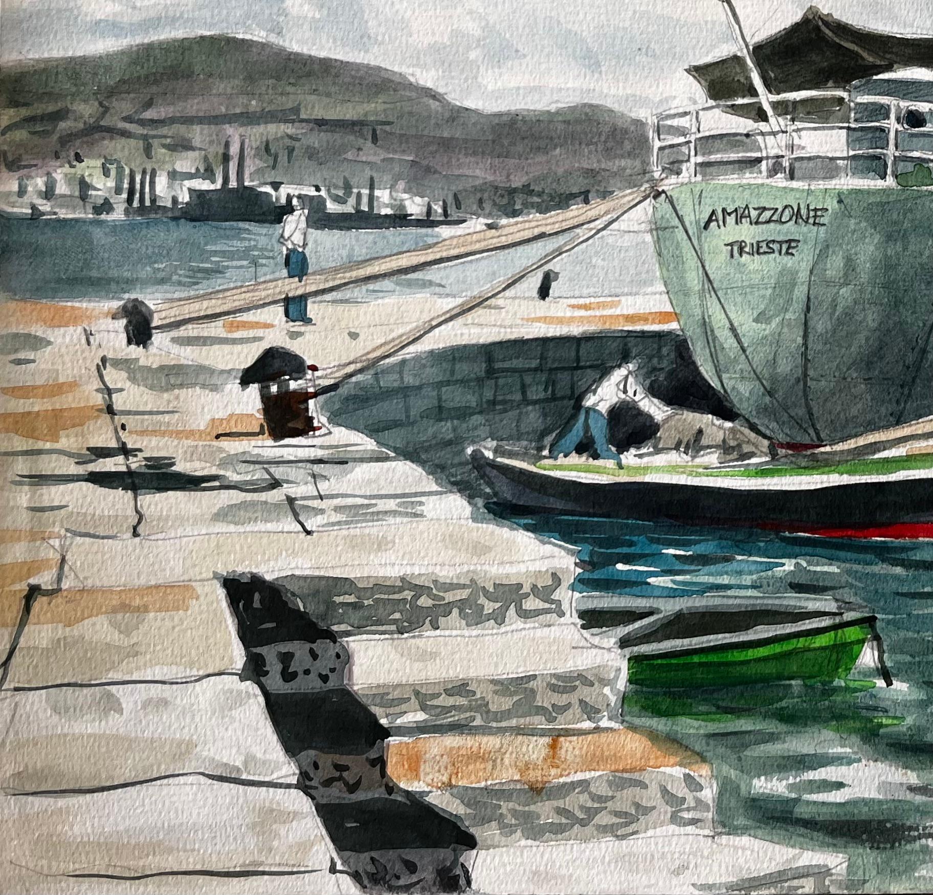Title: Steamship Amazzone Harbour Scene Muggia Italy 1950 Signed Watercolour Painting
by John Steane (b.1931)
Size: 10.25 inches (height) x 13.75 inches (width)
watercolor painting on paper, unframed
condition: Good, with some slight corner wear and