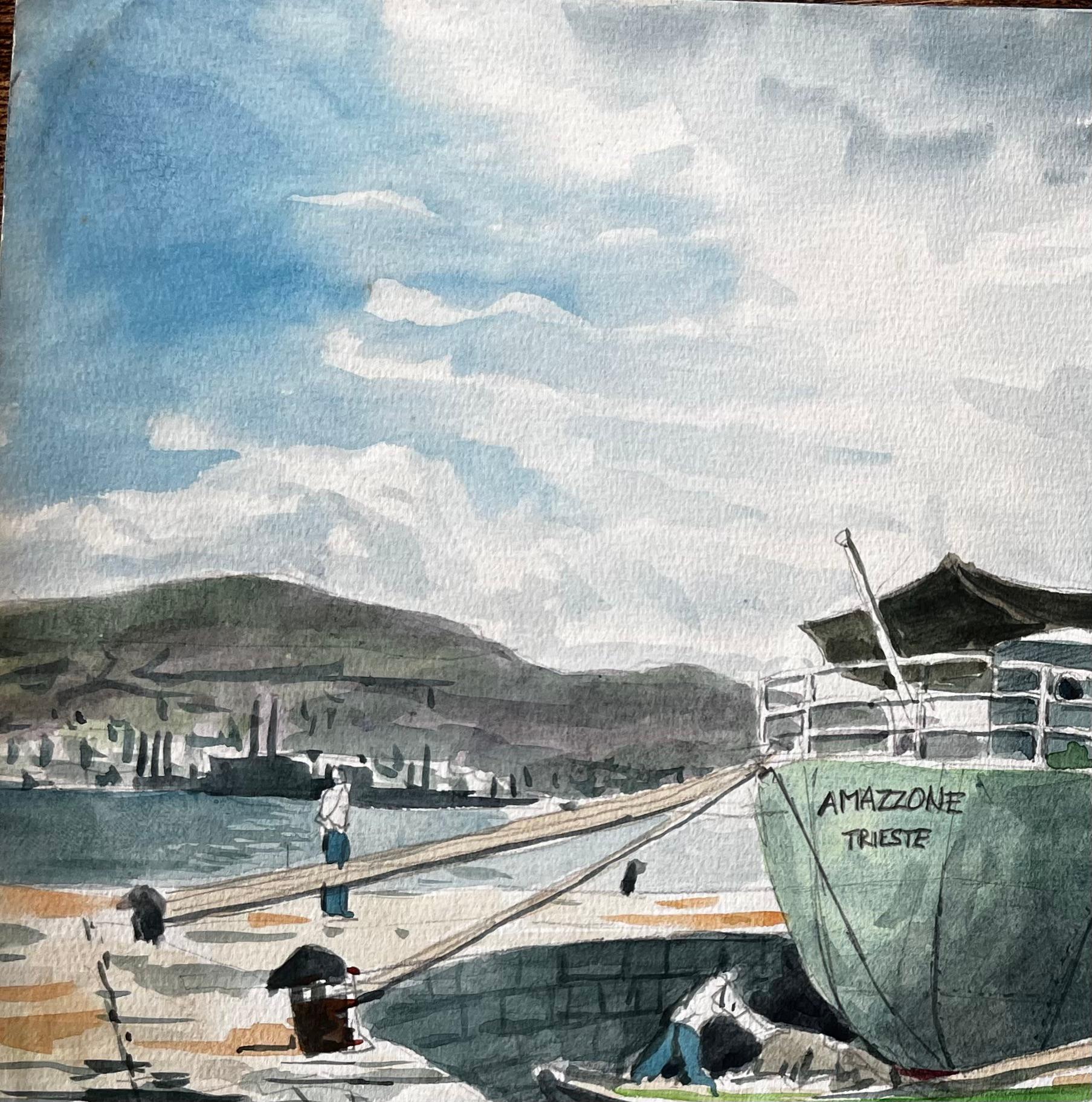 Steamship Amazzone Harbour Scene Muggia Italy 1950 Signed Watercolour Painting For Sale 1