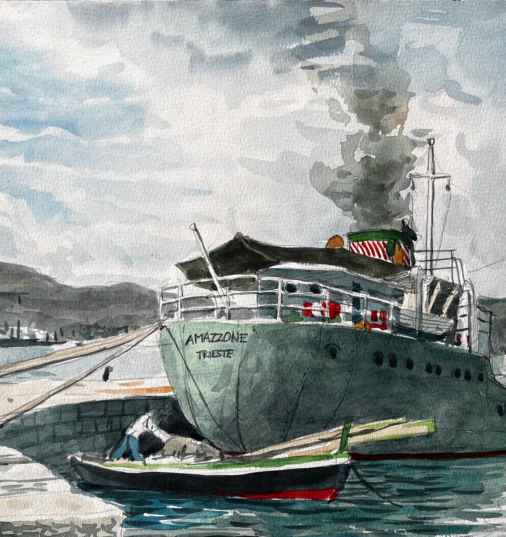 Steamship Amazzone Harbour Scene Muggia Italy 1950 Signed Watercolour Painting For Sale 2