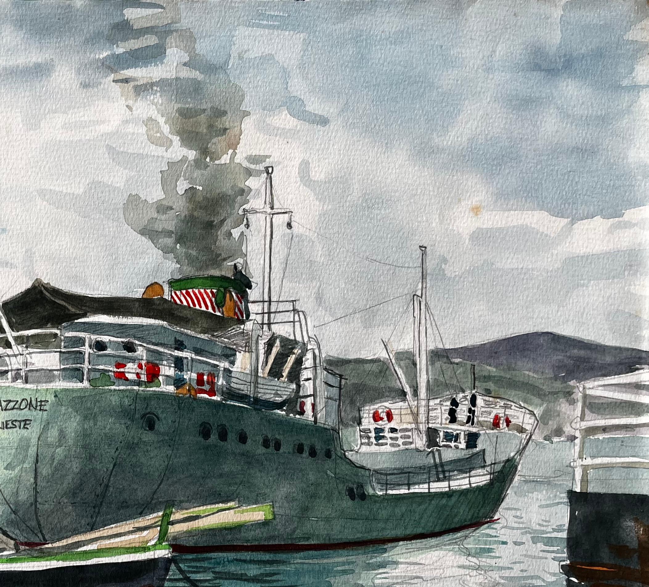 Steamship Amazzone Harbour Scene Muggia Italy 1950 Signed Watercolour Painting For Sale 3