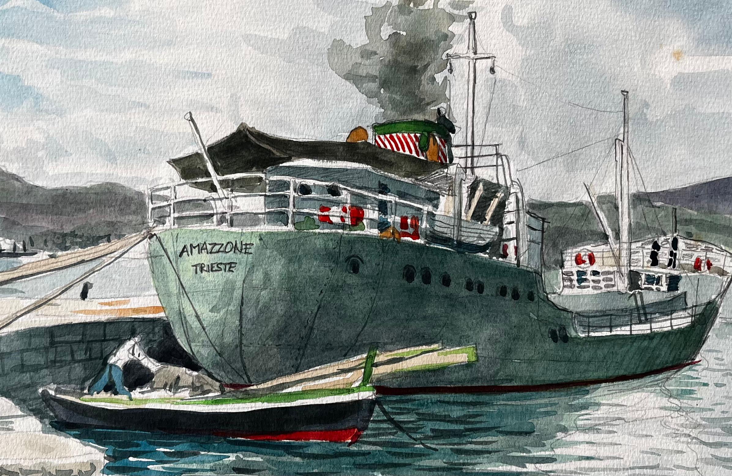 Steamship Amazzone Harbour Scene Muggia Italy 1950 Signed Watercolour Painting For Sale 4