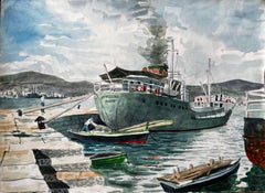 Steamship Amazzone Harbour Scene Muggia Italy 1950 Signed Watercolour Painting