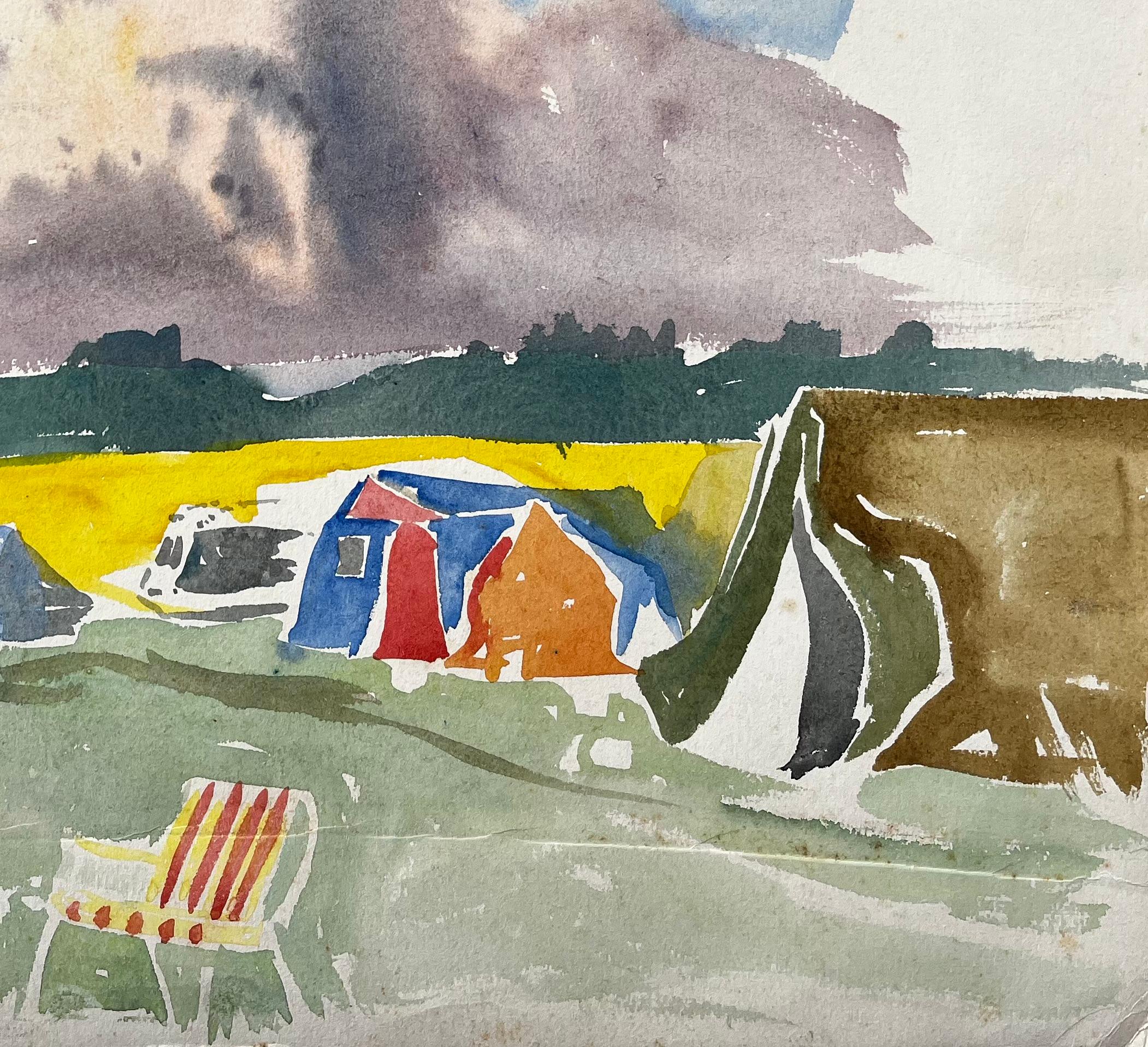 Summer Tents and Stormy Sky Over Yellow Fields British Campsite Watercolour - Impressionist Art by John Steane (b.1931)