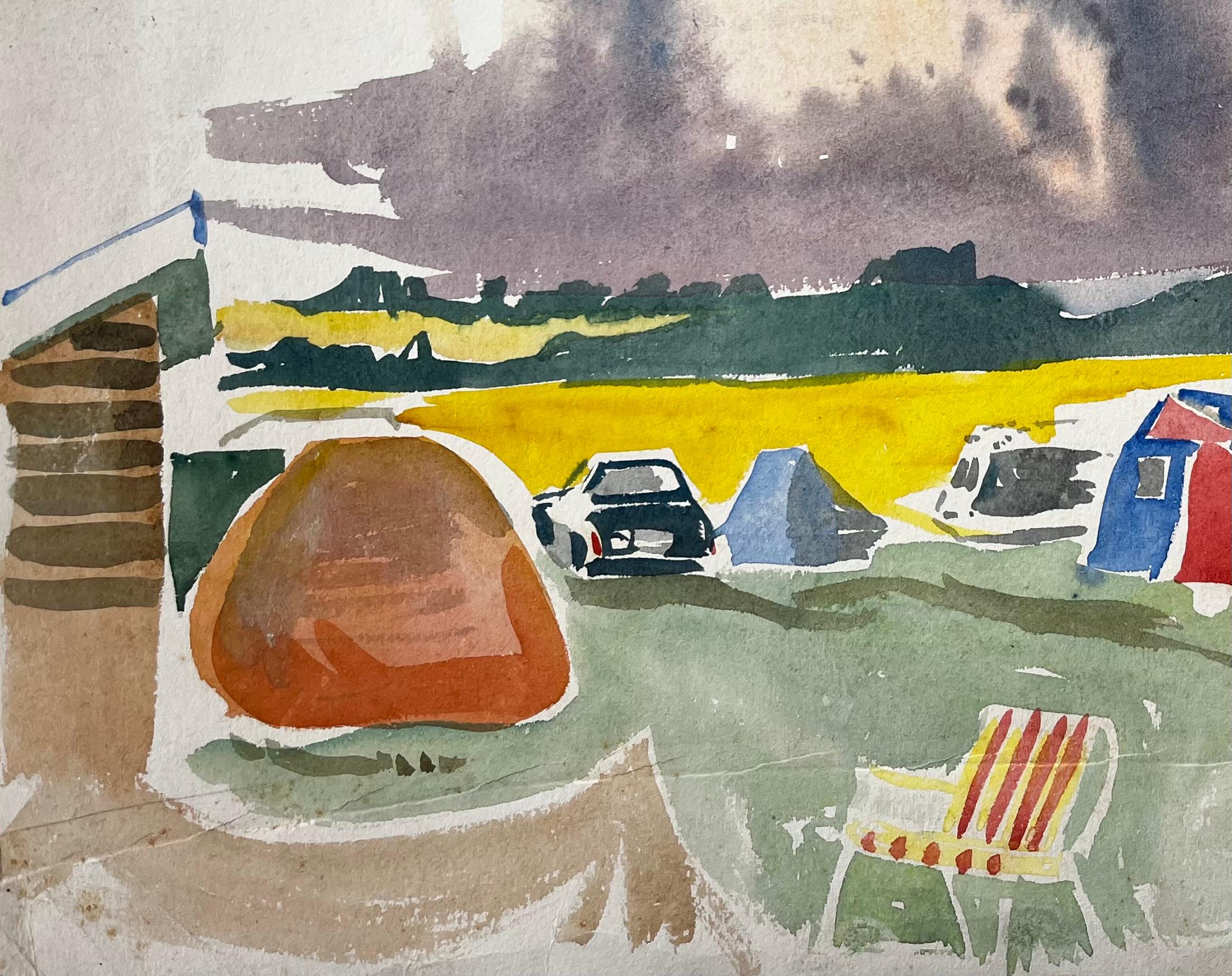 Summer Tents and Stormy Sky Over Yellow Fields British Campsite Watercolour - Gray Landscape Art by John Steane (b.1931)