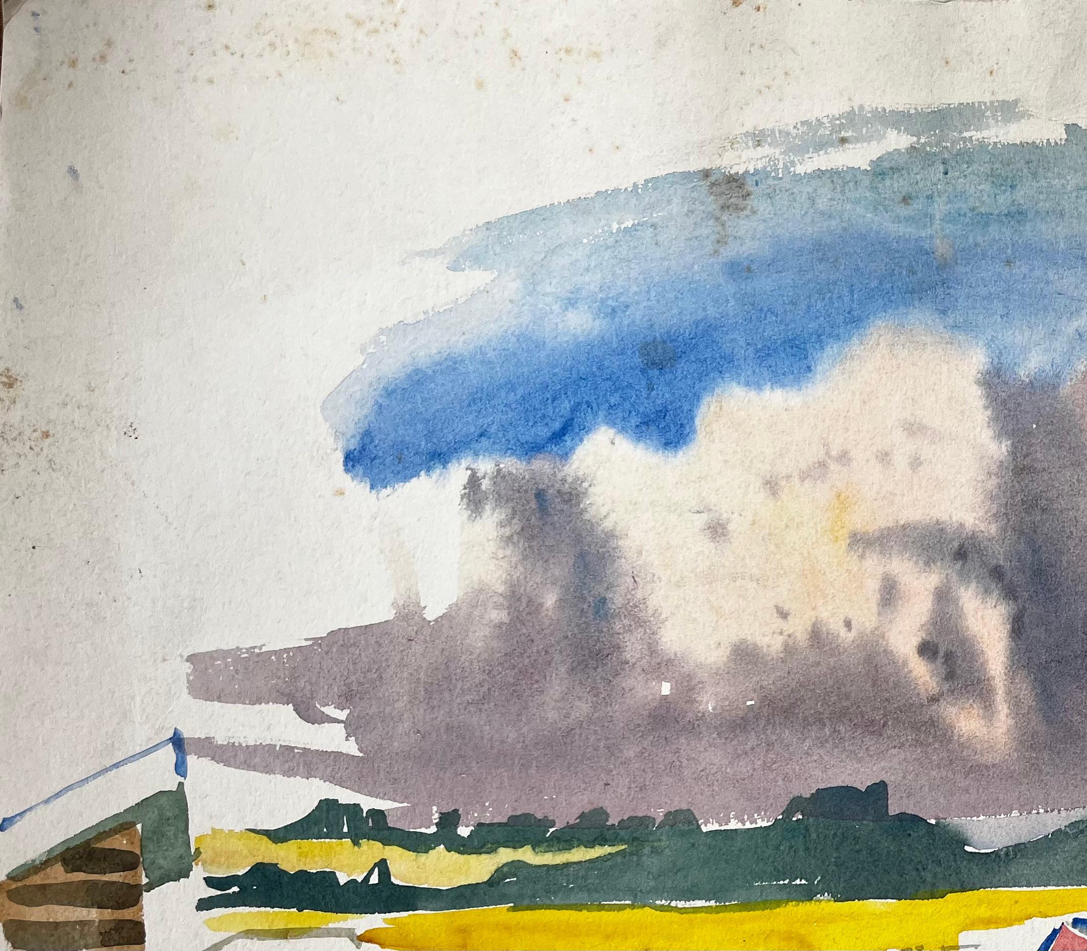 Title: Summer Tents and Stormy Sky Over Yellow Fields British Campsite Watercolour
by John Steane (b.1931)
Size: 16 inches (height) x 19.75 inches (width)
watercolor painting on paper, unframed
condition: Good, surface crease running horizontally