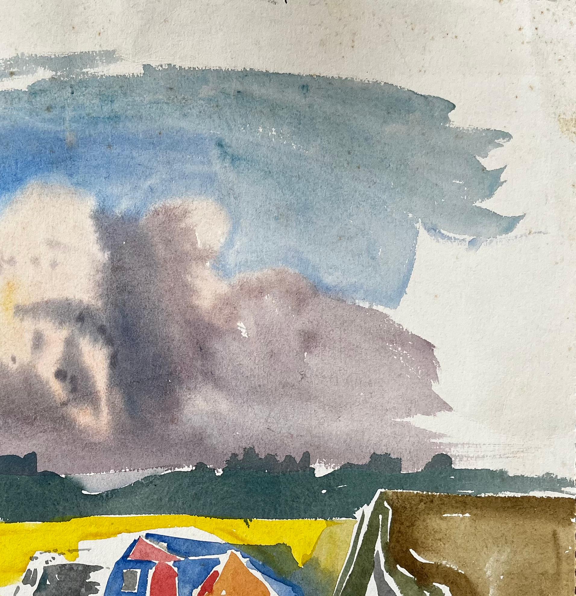 Summer Tents and Stormy Sky Over Yellow Fields British Campsite Watercolour For Sale 1