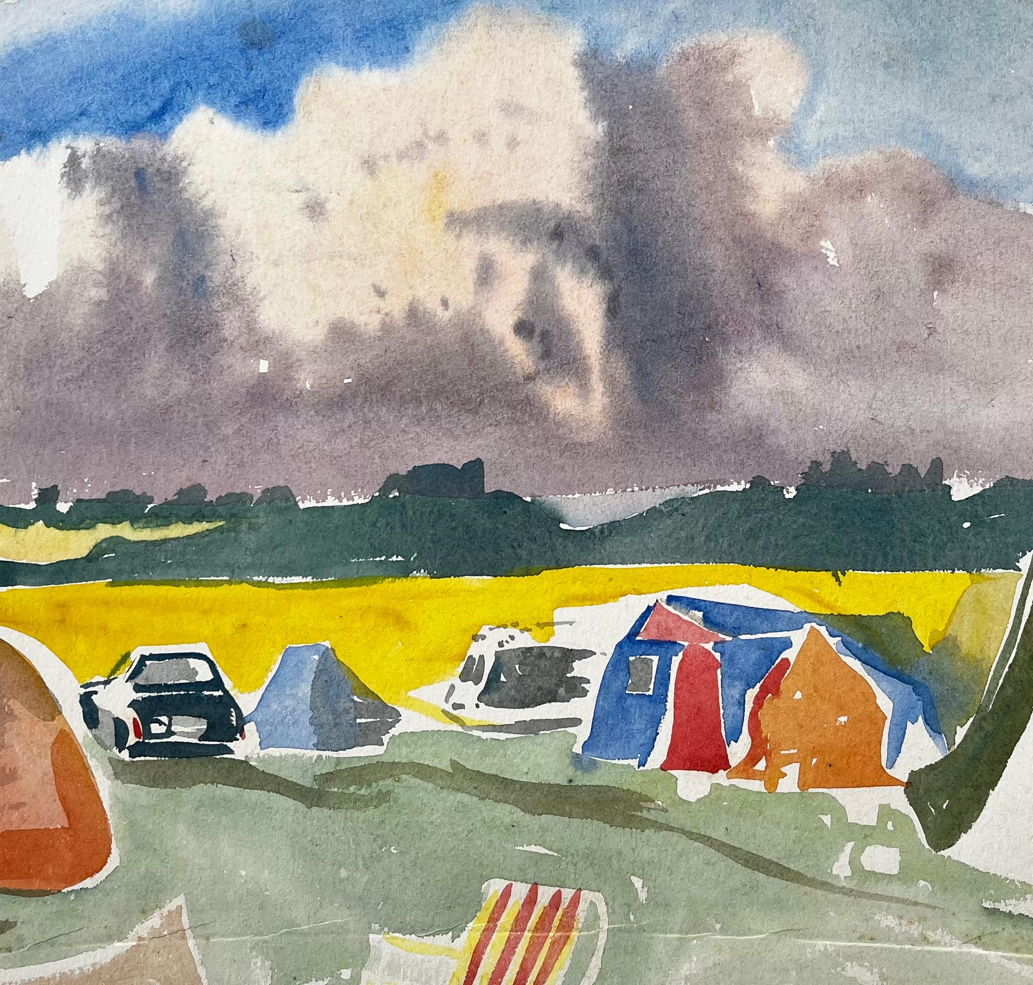 Summer Tents and Stormy Sky Over Yellow Fields British Campsite Watercolour For Sale 2