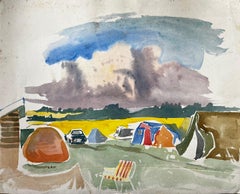Summer Tents and Stormy Sky Over Yellow Fields British Campsite Watercolour