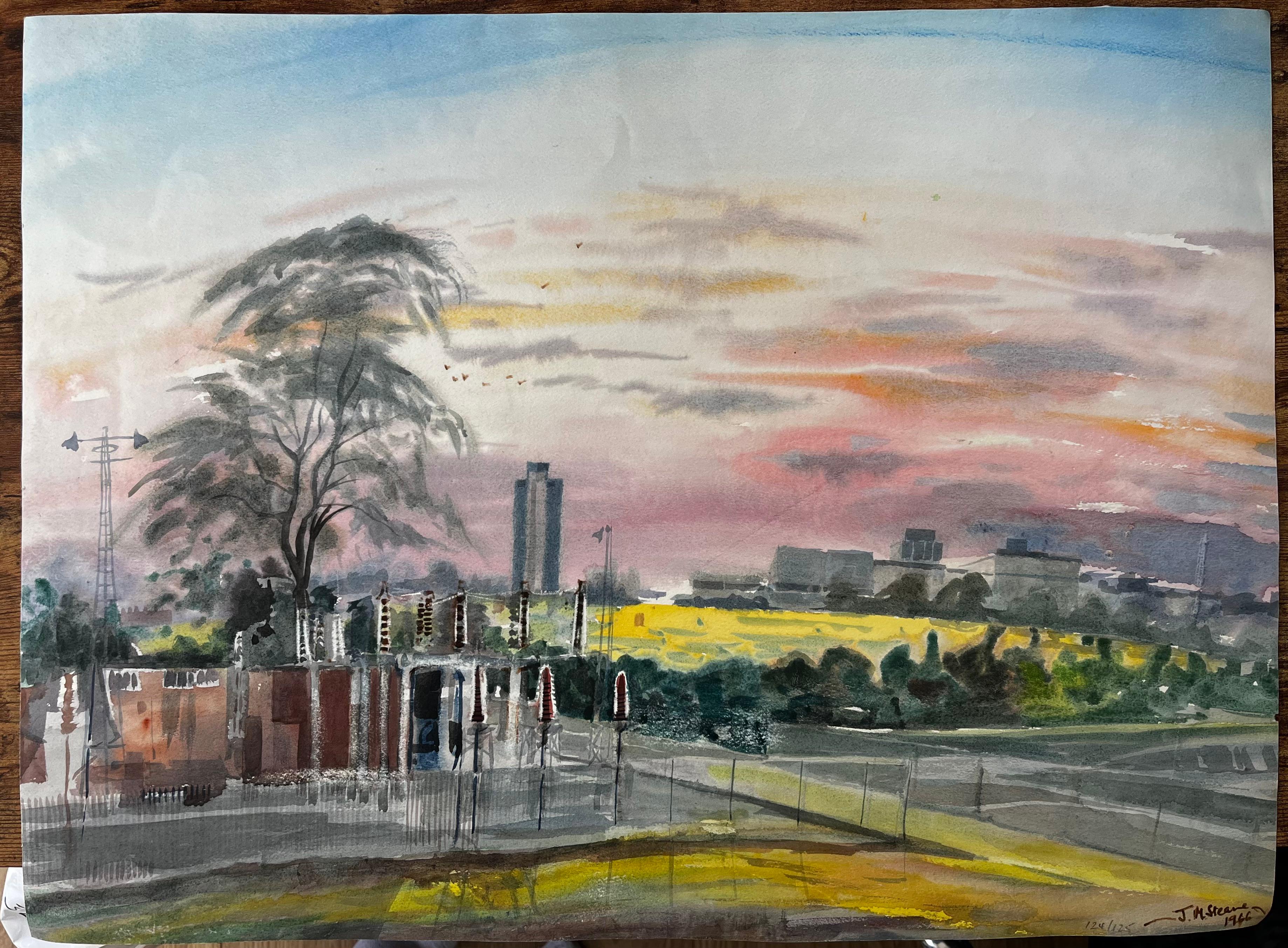 Sunset Over Suburban London with Tree Skyline and Yellow Fields 1996 Watercolour - Painting by John Steane (b.1931)