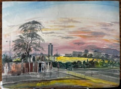 Sunset Over Suburban London with Tree Skyline and Yellow Fields 1996 Watercolour