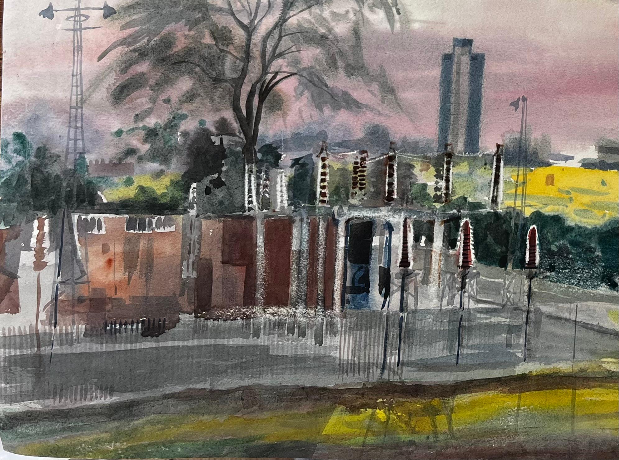 Sunset Over Suburban London with Tree Skyline and Yellow Fields 1996 Watercolour - Impressionist Painting by John Steane (b.1931)