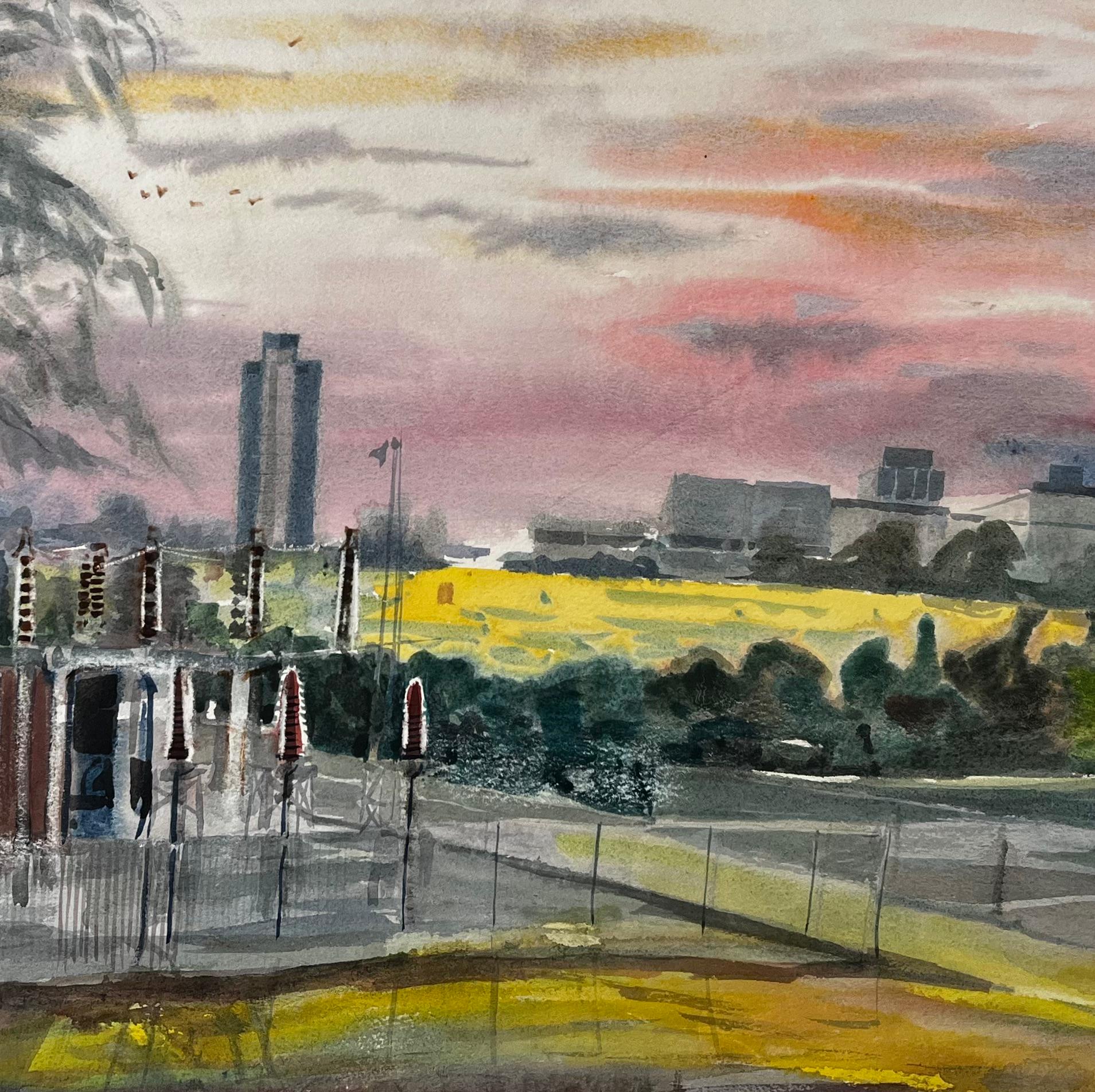 Sunset Over Suburban London with Tree Skyline and Yellow Fields 1996 Watercolour - Gray Landscape Painting by John Steane (b.1931)