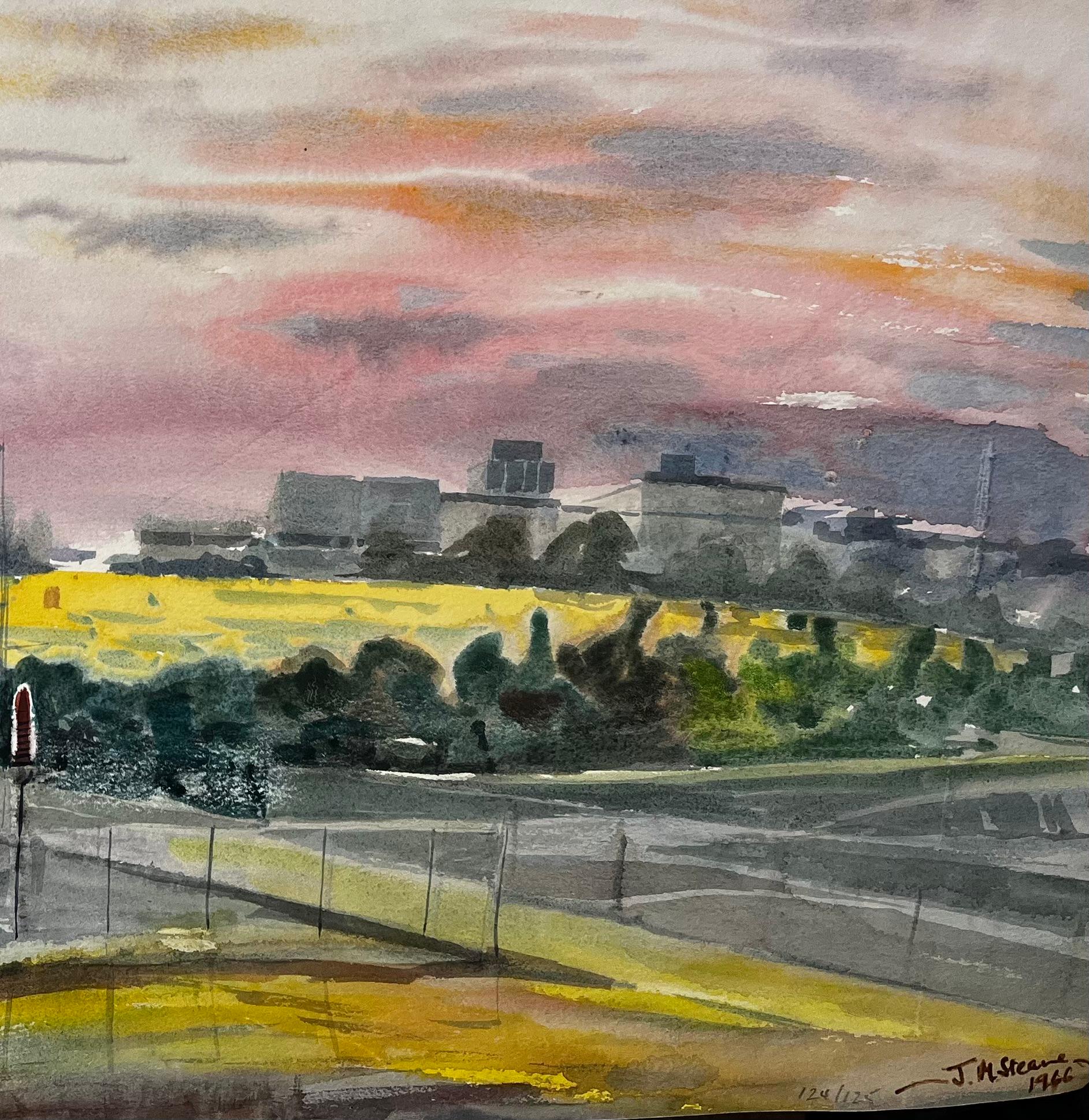 Title: Sunset Over Suburban London with Tree Skyline and Yellow Fields 1996 Watercolour
by John Steane (b.1931)
Size: 20 inches (height) x 27 inches (width)
watercolor painting on paper, unframed
condition: good, some mild surface rippling and