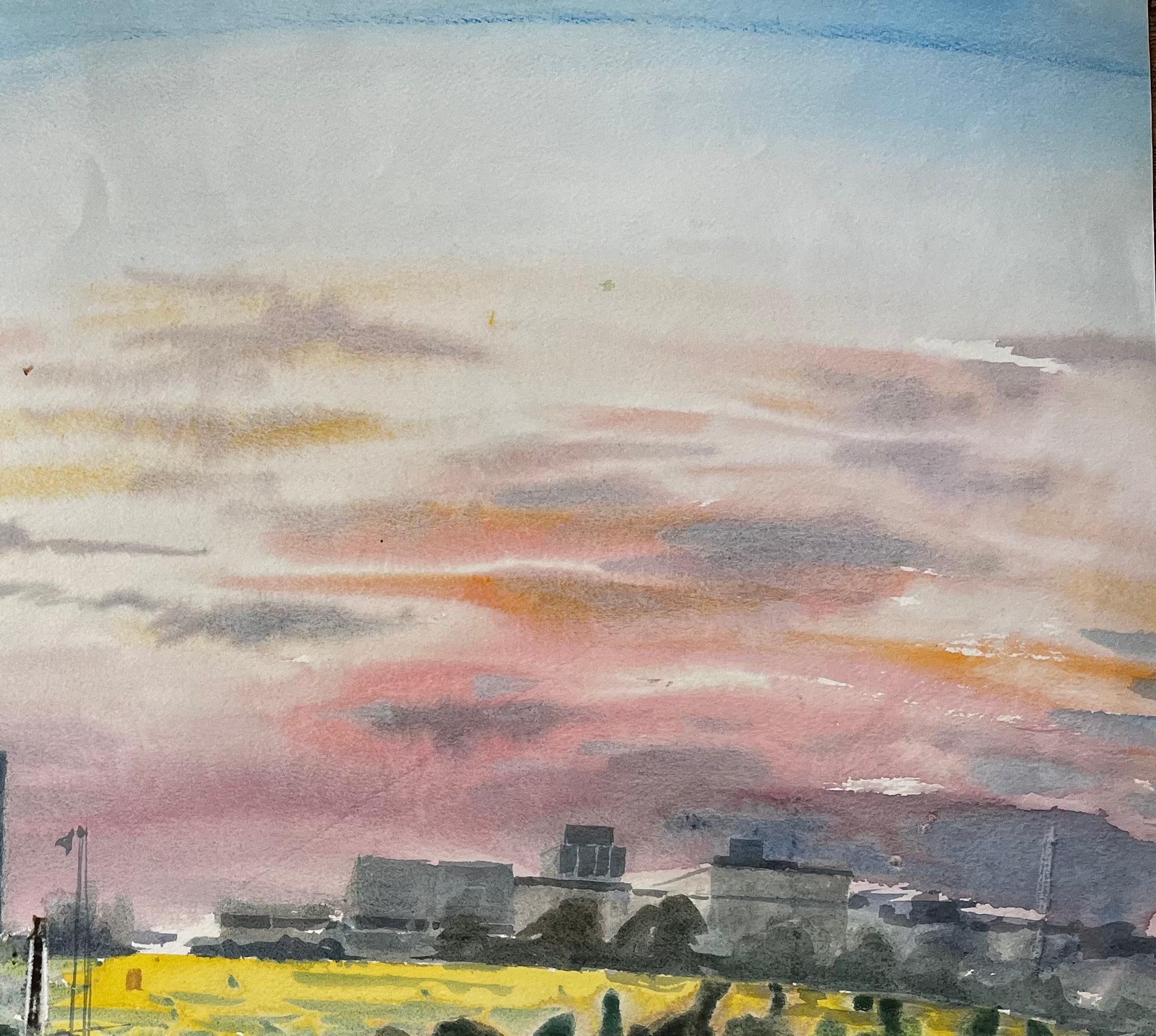 Sunset Over Suburban London with Tree Skyline and Yellow Fields 1996 Watercolour For Sale 1