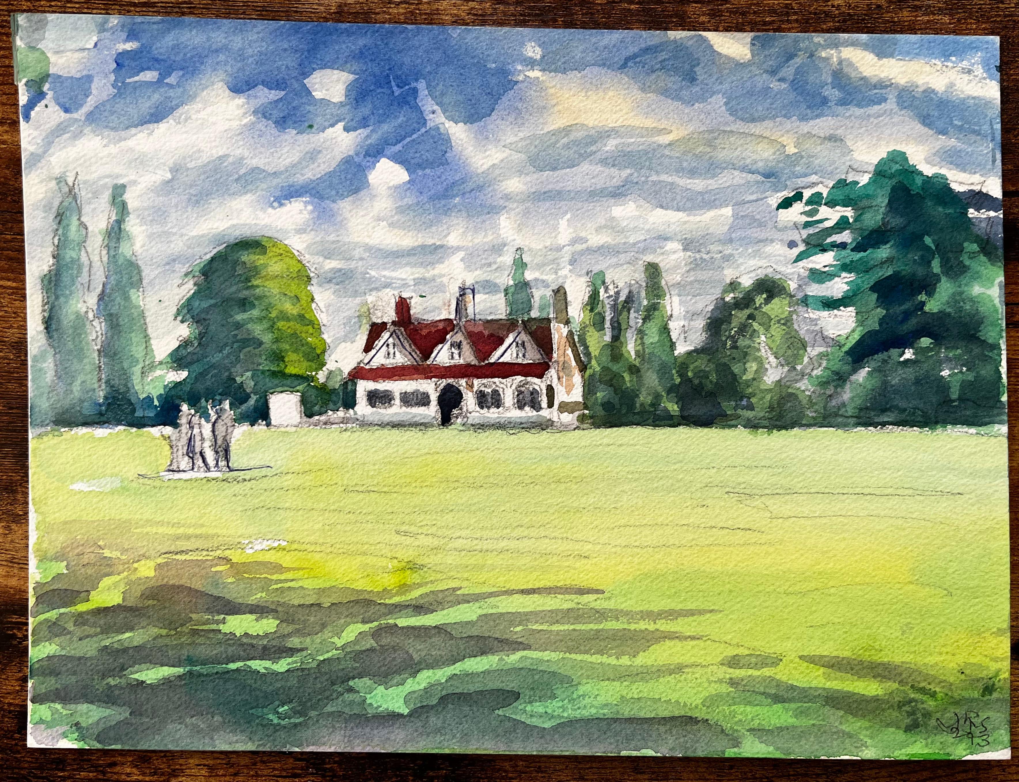 University Parks Oxford Pavillon Rotes Dach Bäume und Skulpturengruppe 2016 – Art von John Steane (b.1931)