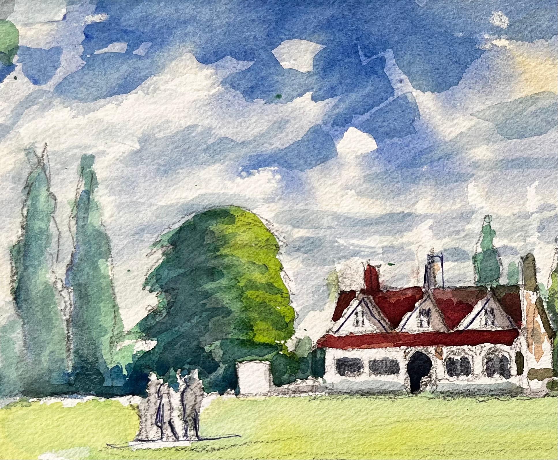 University Parks Oxford Pavillon Rotes Dach Bäume und Skulpturengruppe 2016 (Impressionismus), Art, von John Steane (b.1931)