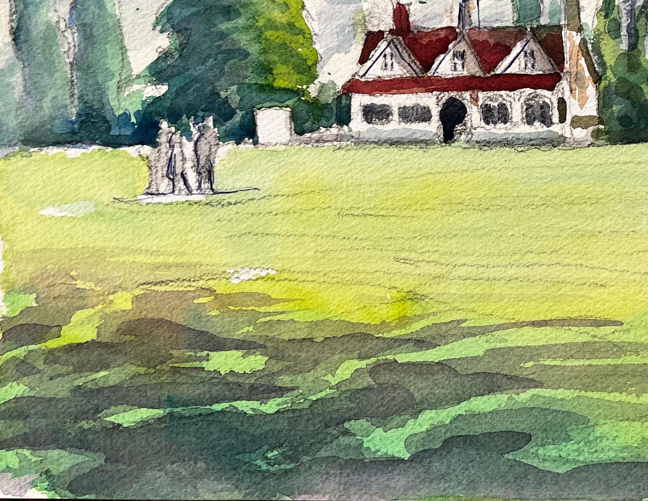 University Parks Oxford Pavillon Rotes Dach Bäume und Skulpturengruppe 2016 (Beige), Landscape Art, von John Steane (b.1931)