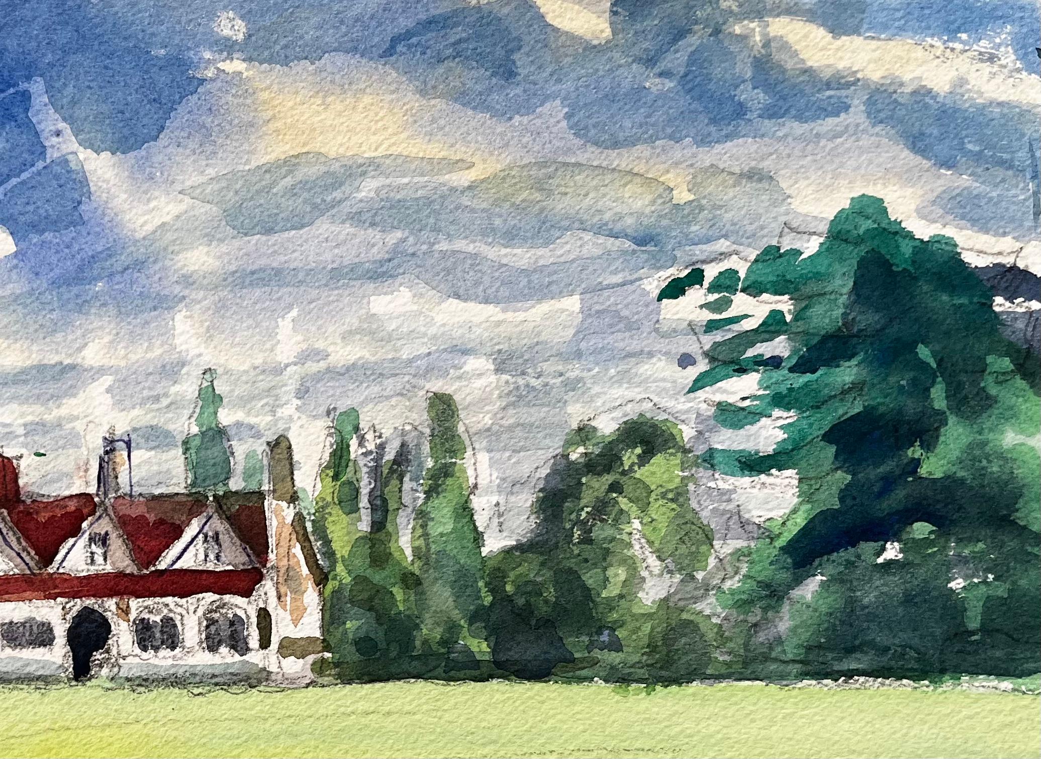 Titel: University Parks Oxford Pavillon Rotes Dach Bäume und Skulpturengruppe 2016
von John Steane (geb.1931)
Größe: 9 Zoll (Höhe) x 12,25 Zoll (Breite)
Aquarellmalerei auf Papier, ungerahmt
Zustand: Gut, einige schwache Handhabungsspuren und