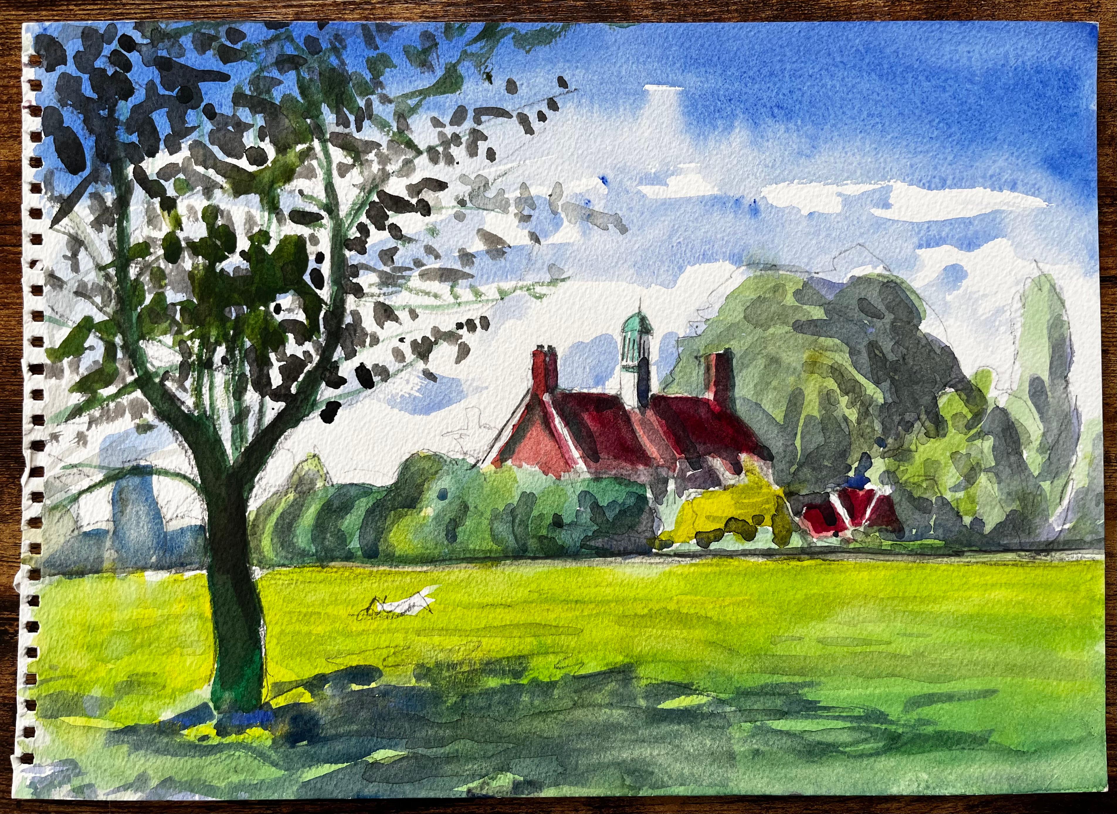 University Parks Oxford Red Roof Building Summer Trees and Open Field 2015 - Art by John Steane (b.1931)