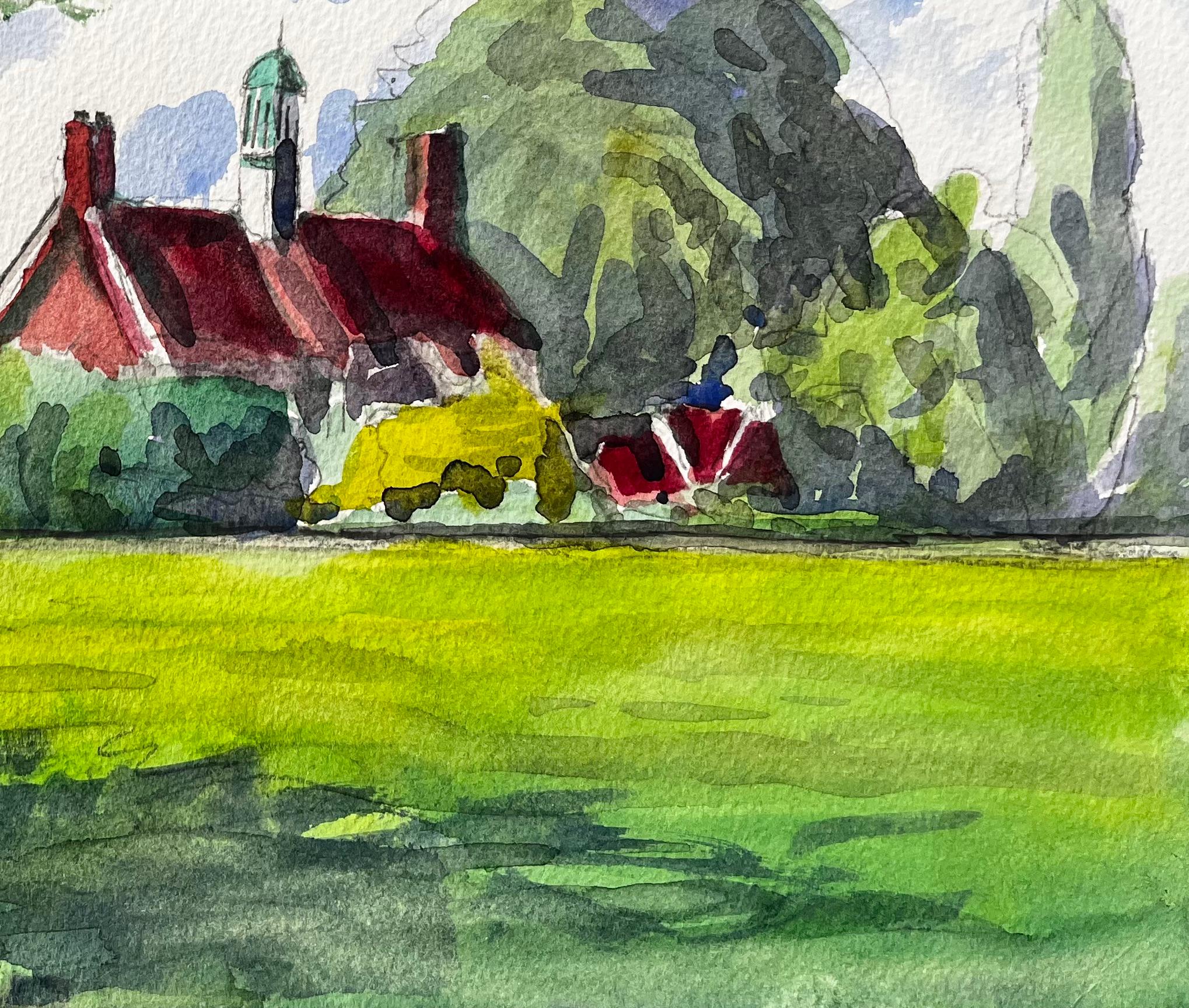 University Parks Oxford Red Roof Building Summer Trees and Open Field 2015 - Impressionist Art by John Steane (b.1931)