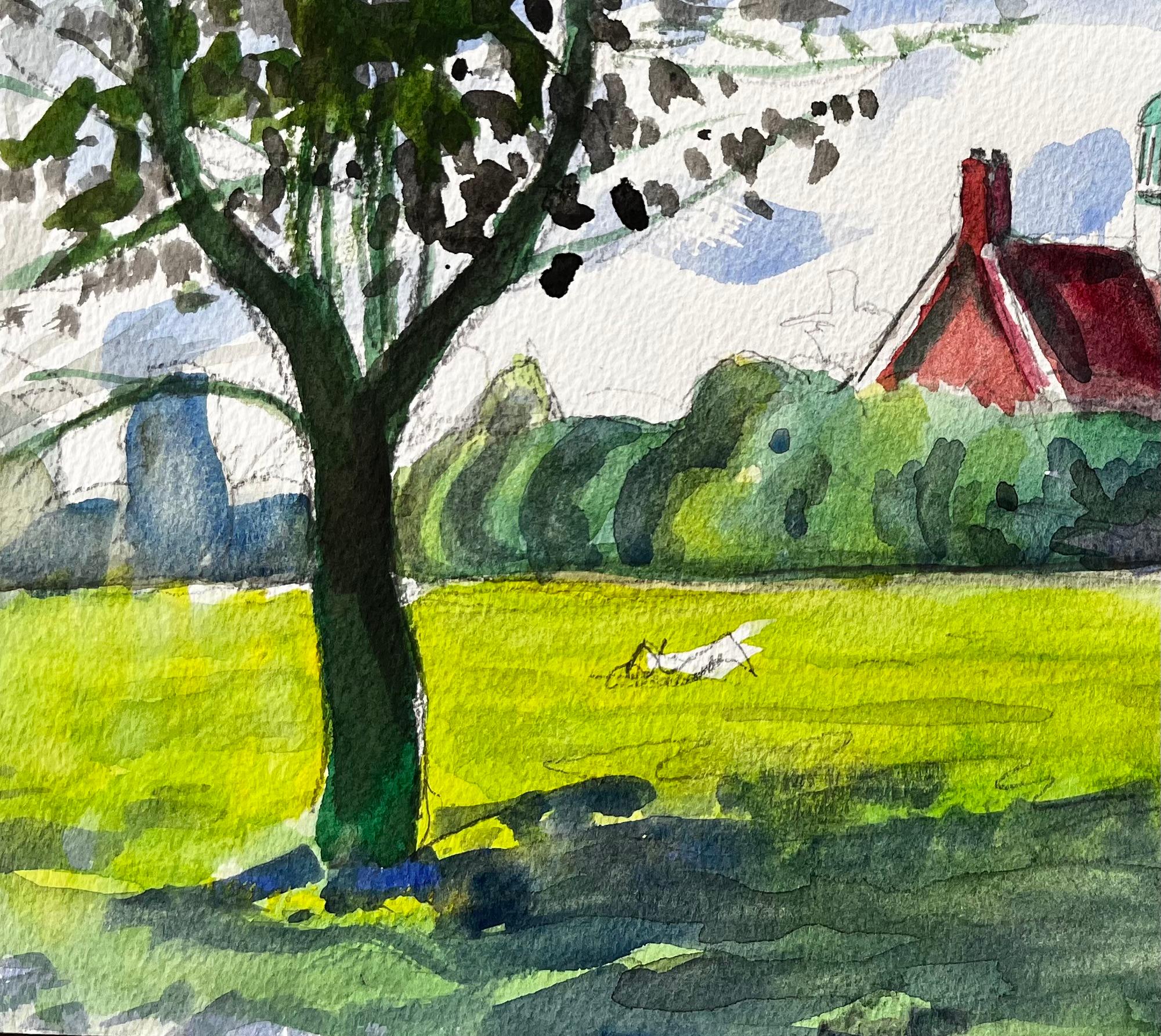 Title: University Parks Oxford Red Roof Building Summer Trees and Open Field 2015
by John Steane (b.1931)
Size: 10 inches (height) x 14 inches (width)
watercolor painting on paper, unframed
condition: Good, some faint handling marks and light edge