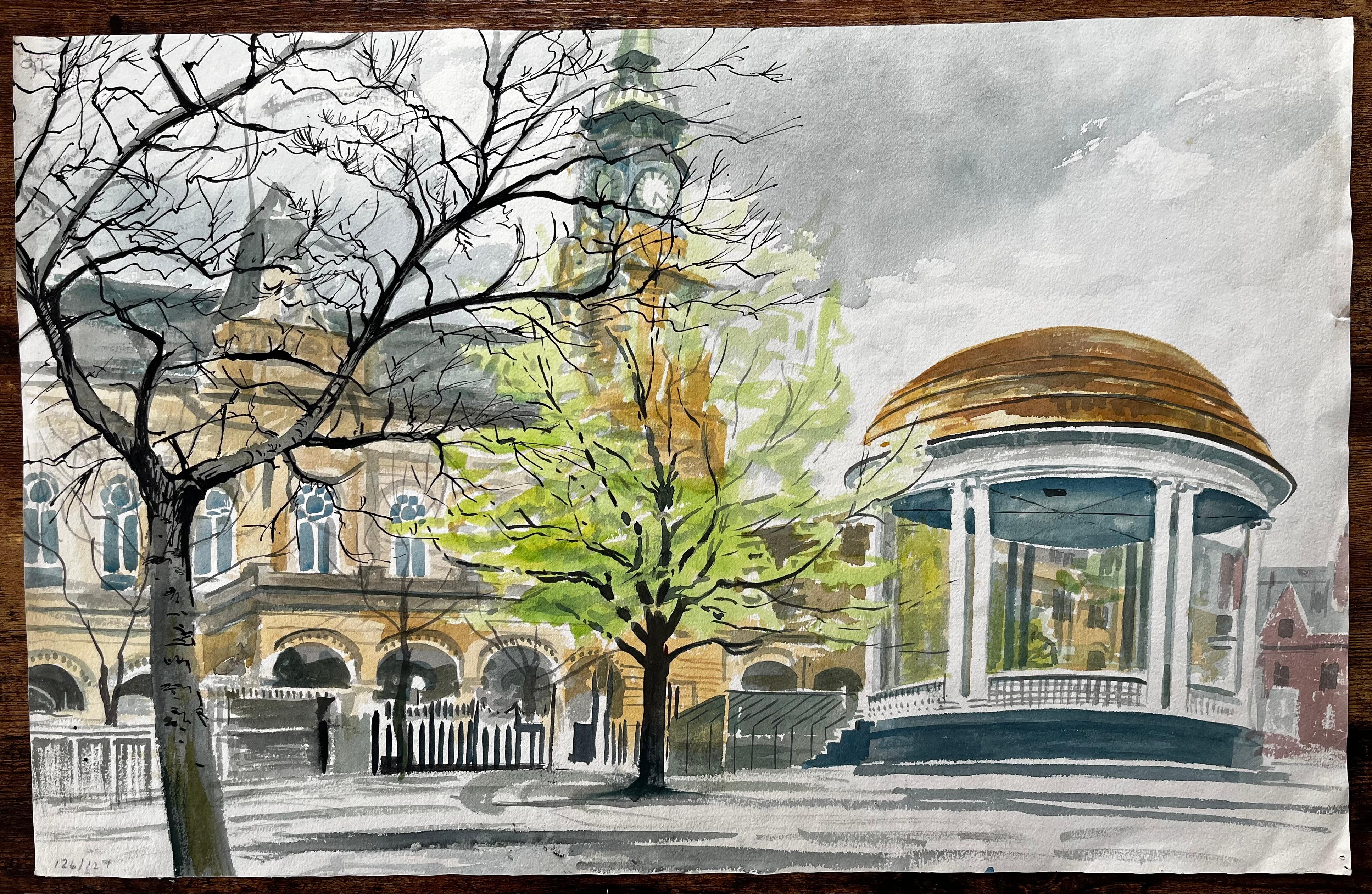 Horloge victorienne et kiosque à musique Scène printanière Watford Park Aquarelle - Painting de John Steane (b.1931)
