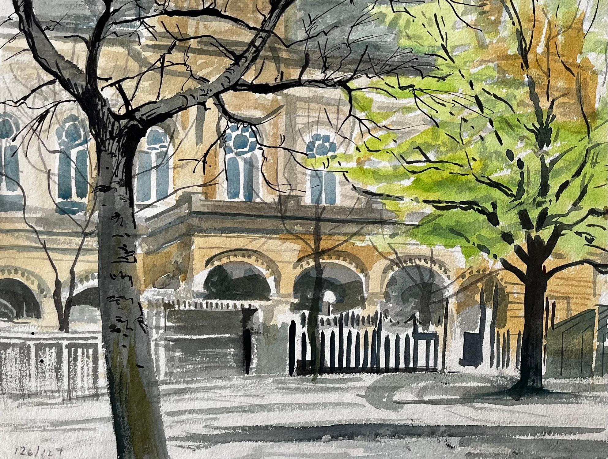 Horloge victorienne et kiosque à musique Scène printanière Watford Park Aquarelle - Impressionnisme Painting par John Steane (b.1931)
