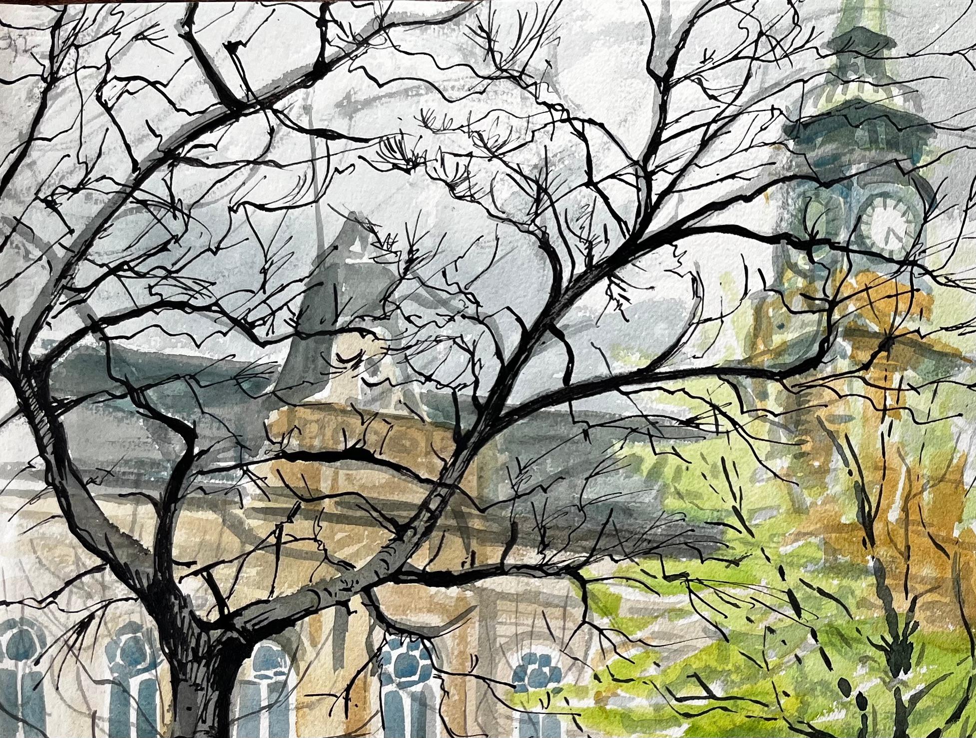Horloge victorienne et kiosque à musique Scène printanière Watford Park Aquarelle - Gris Landscape Painting par John Steane (b.1931)