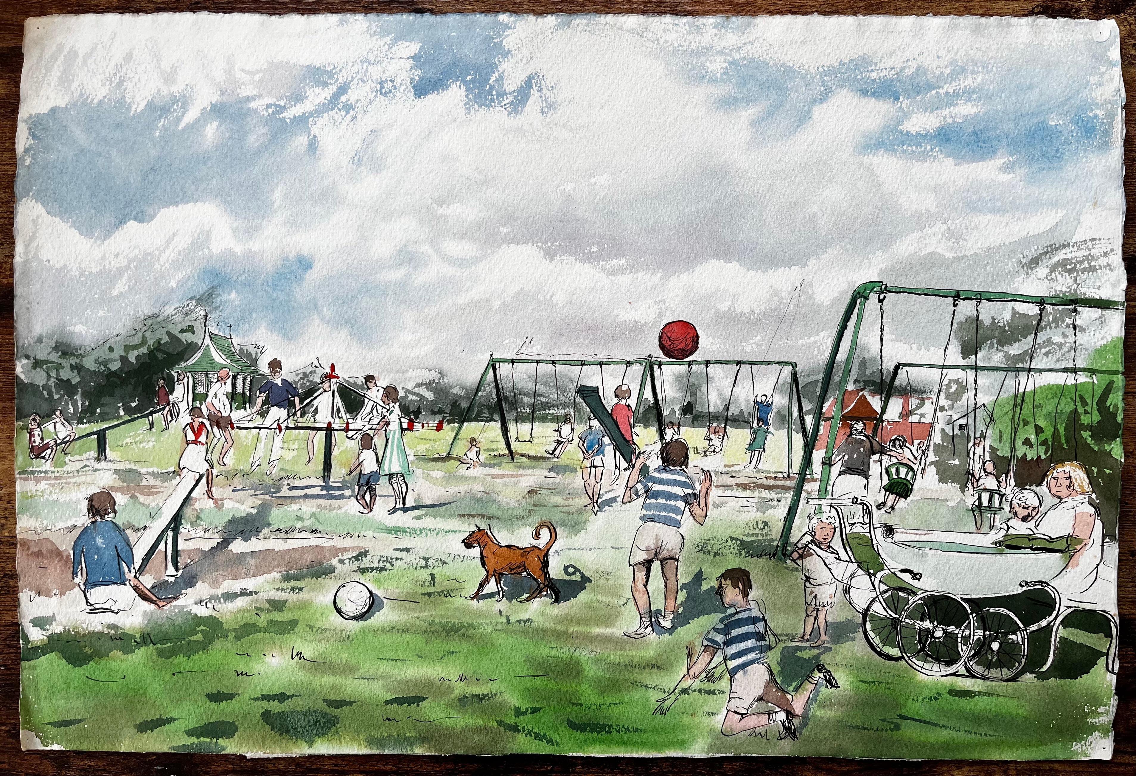 Vintage Playground Scene Southport Common with Swings Pram and Children - Art by John Steane (b.1931)