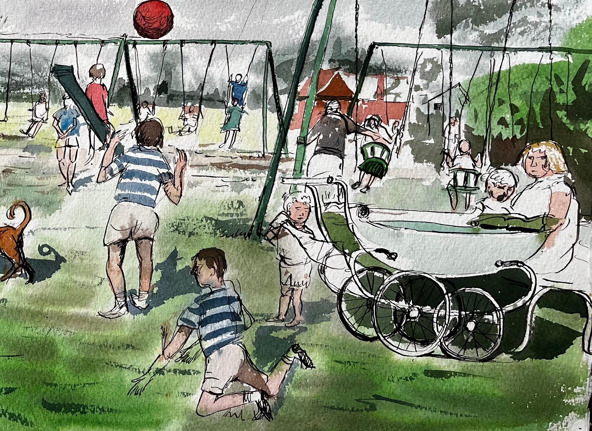 Vintage Playground Scene Southport Common with Swings Pram and Children - Impressionist Art by John Steane (b.1931)