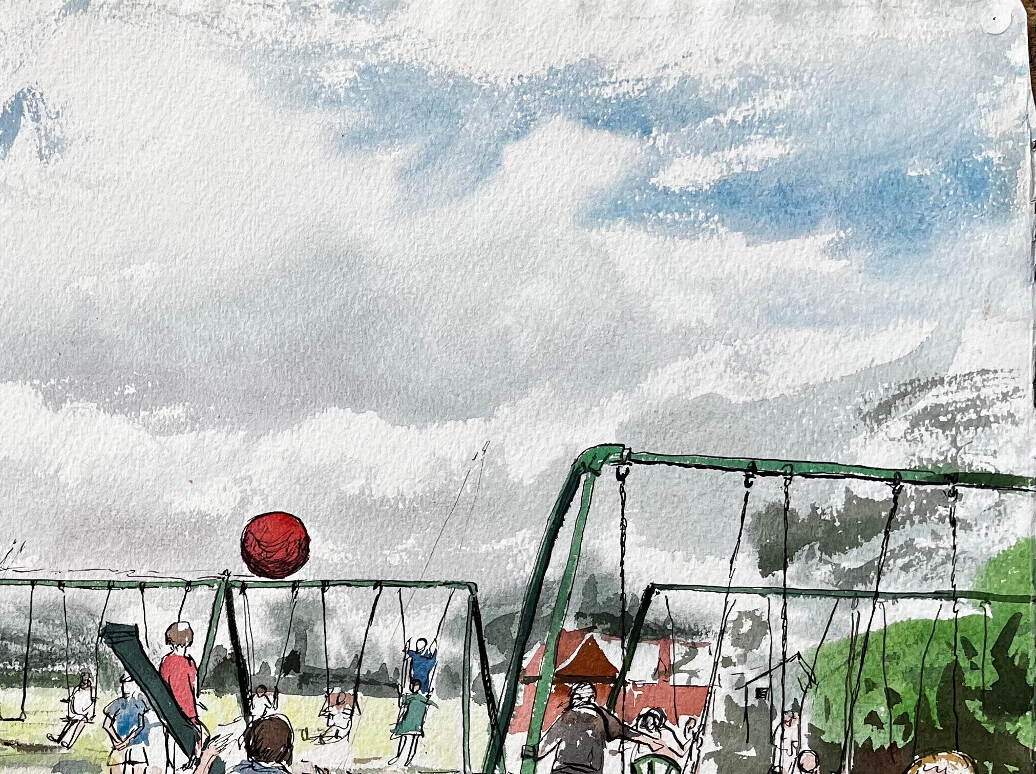 Vintage Playground Scene Southport Common with Swings Pram and Children - Gray Landscape Art by John Steane (b.1931)