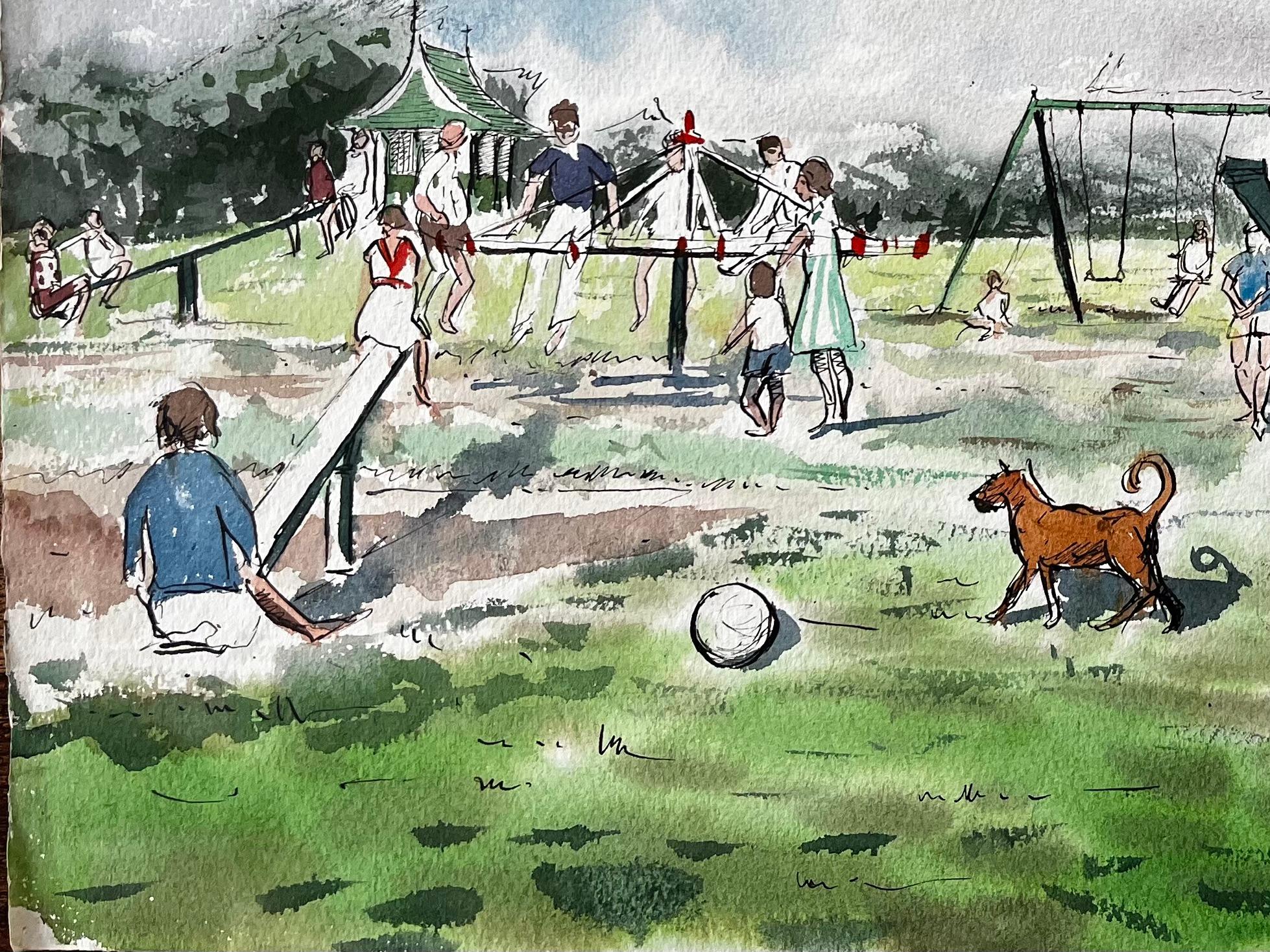 Title: Vintage Playground Scene Southport Common with Swings Pram and Children
by John Steane (b.1931)
Size: 15.25 inches (height) x 22.75 inches (width)
watercolor painting on paper, unframed
condition: Good, with minor edge wear
Provenance: from a