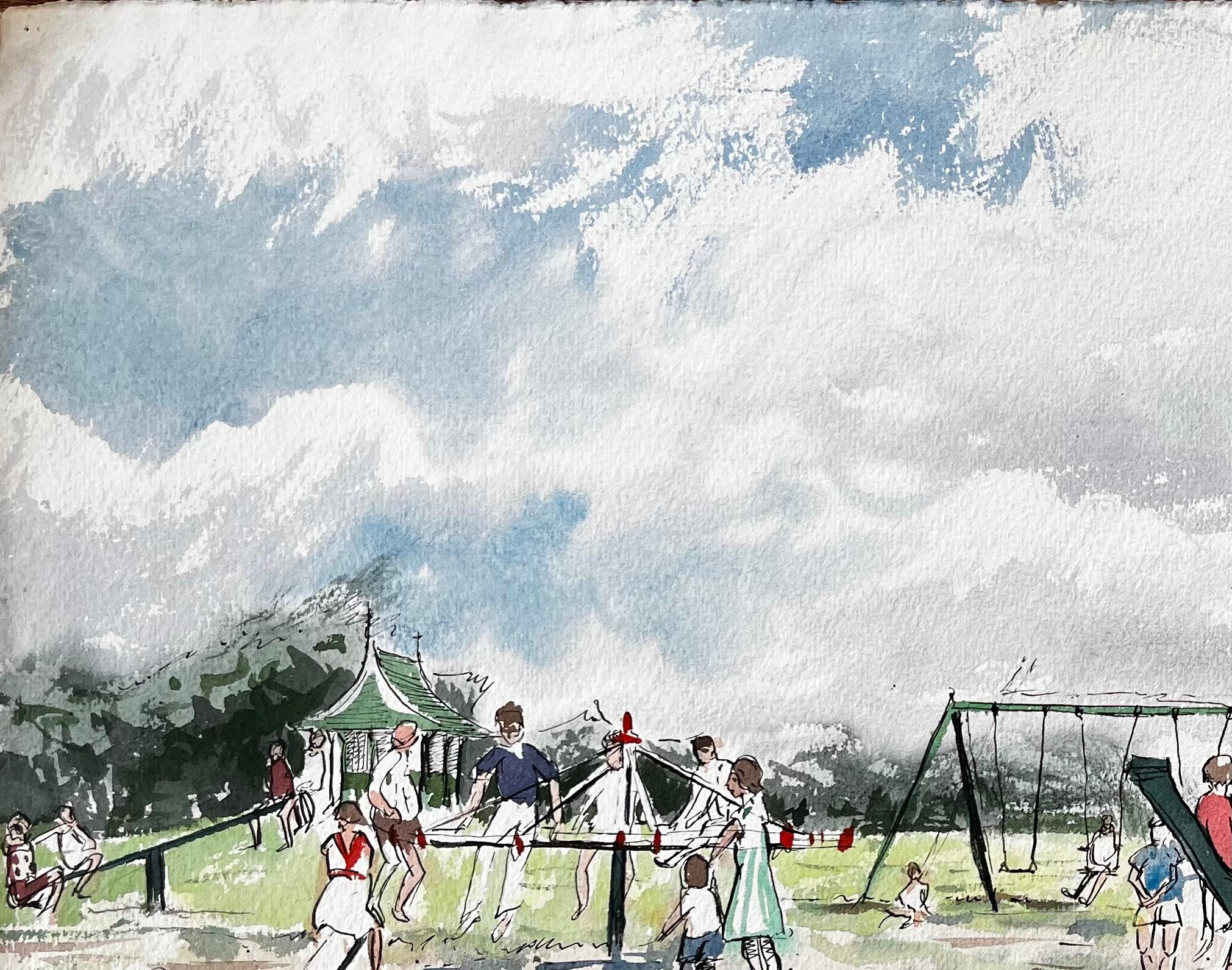 Vintage Playground Scene Southport Common with Swings Pram and Children For Sale 1