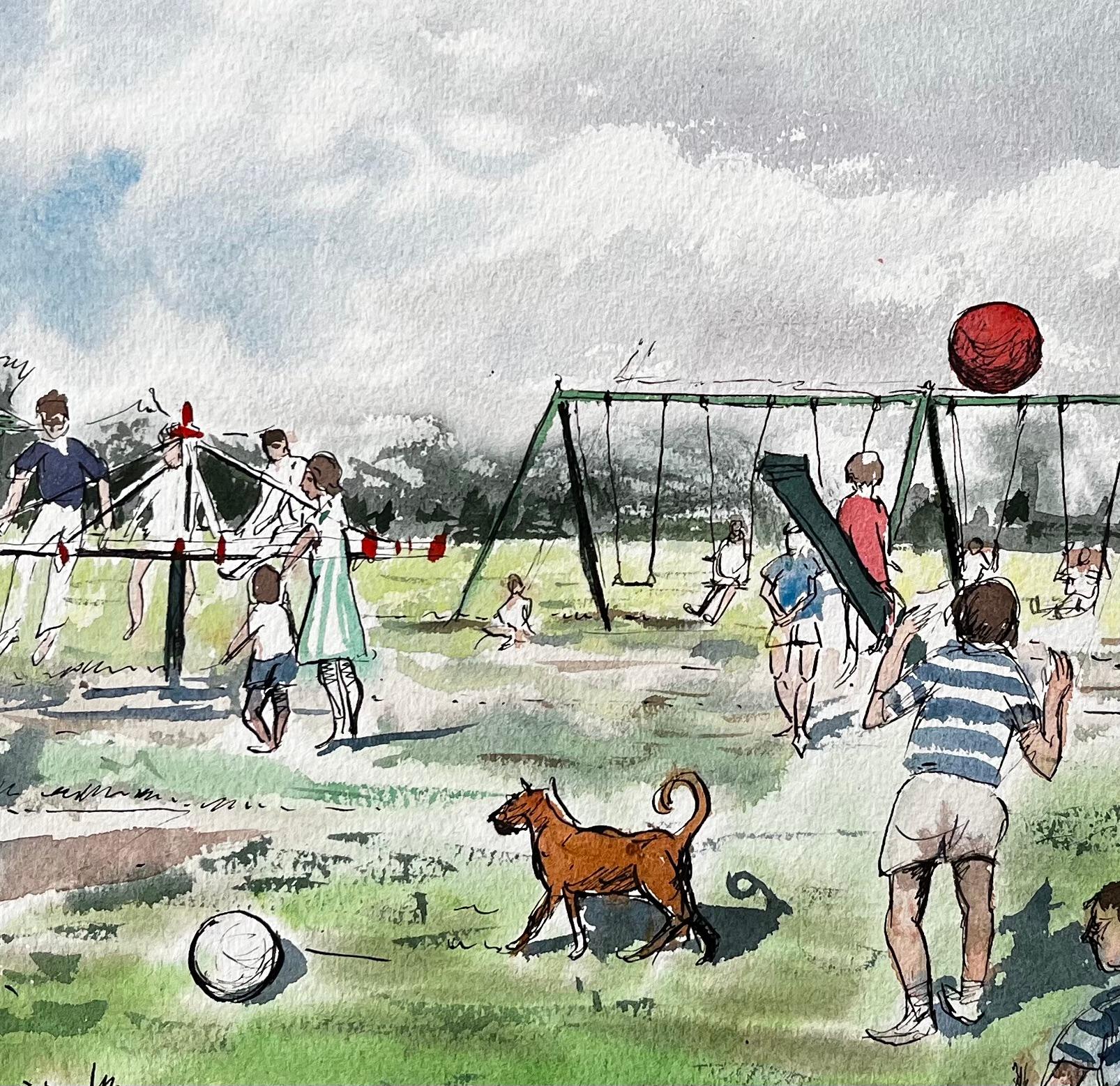 Vintage Playground Scene Southport Common with Swings Pram and Children For Sale 2