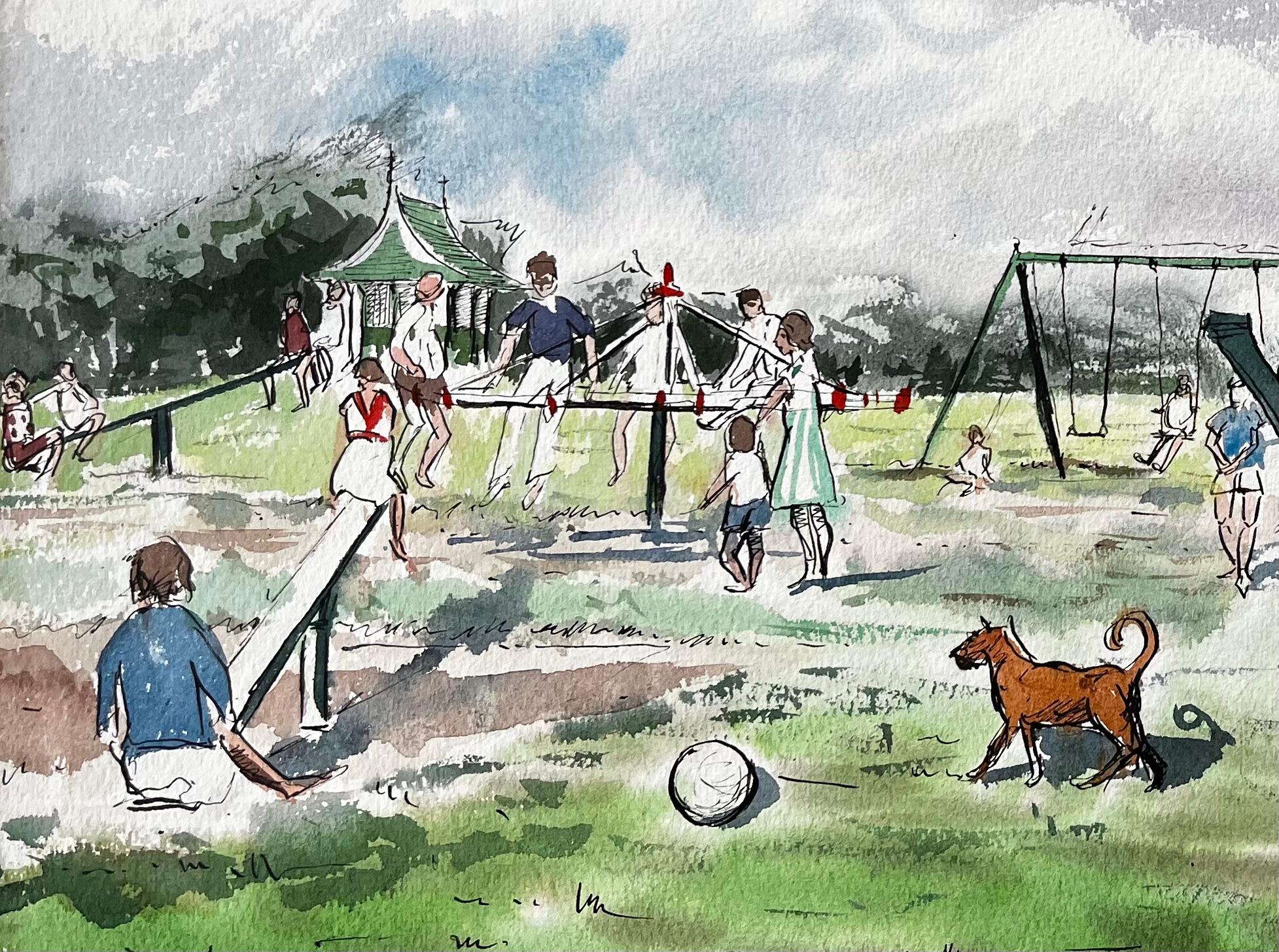Vintage Playground Scene Southport Common with Swings Pram and Children For Sale 3