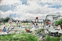 Vintage Playground Scene Southport Common with Swings Pram and Children (scène de terrain de jeu vintage à Southport Common avec balançoires, landau et enfants)