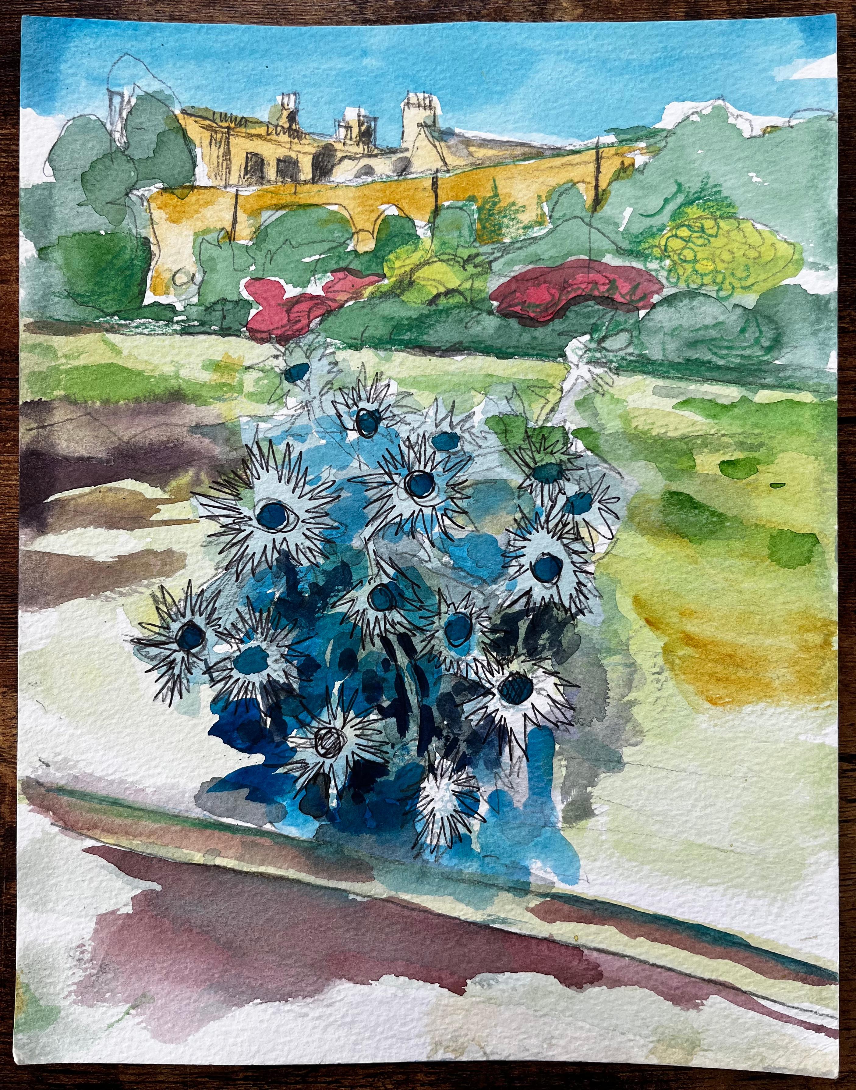 Waterperry Gardens Oxfordshire Aquarell mit blauen Disteln und Manor House – Art von John Steane (b.1931)