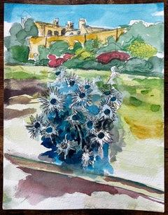 Waterperry Gardens Oxfordshire Watercolour with Blue Thistles and Manor House