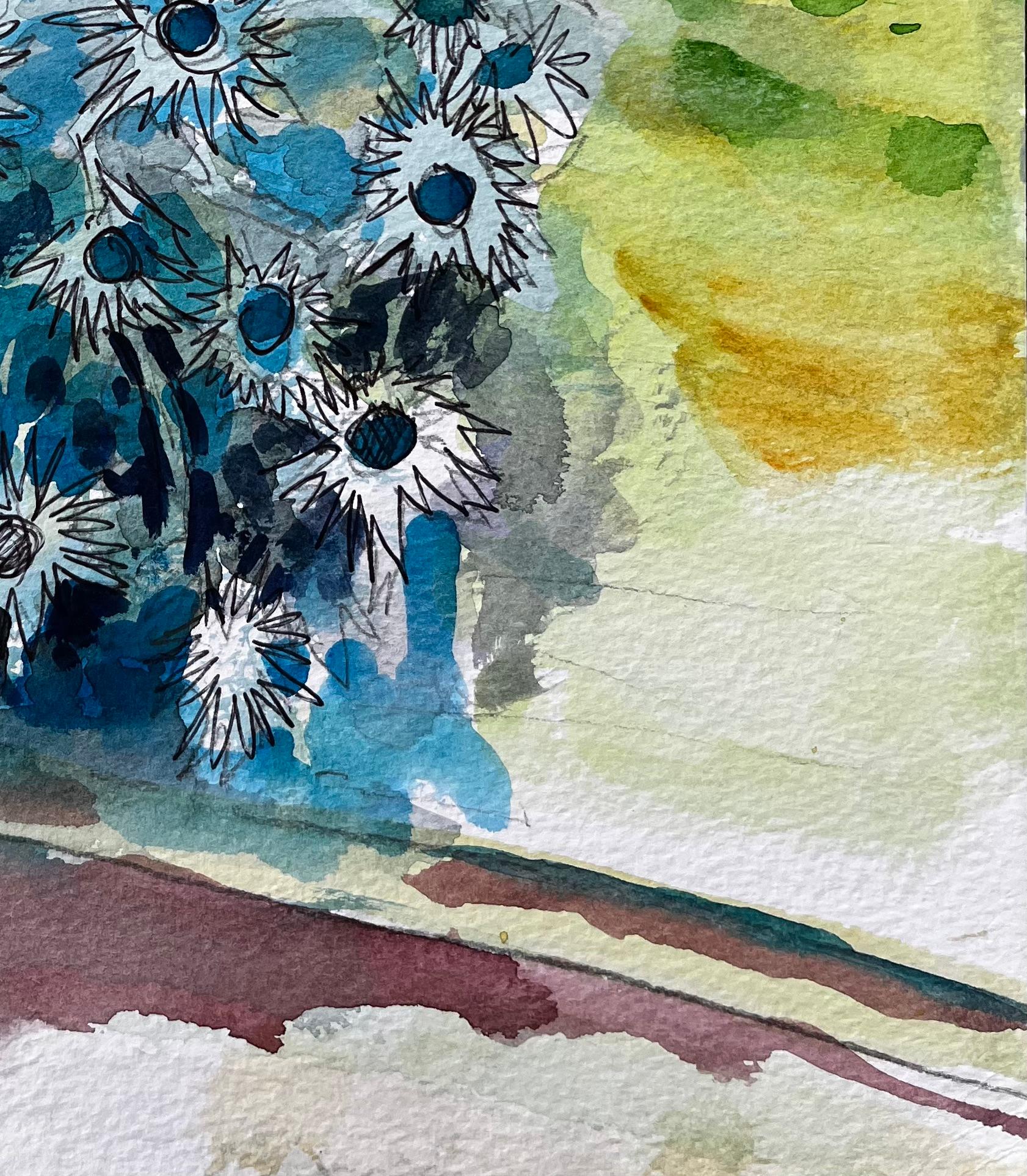 Waterperry Gardens Oxfordshire Aquarell mit blauen Disteln und Manor House (Impressionismus), Art, von John Steane (b.1931)