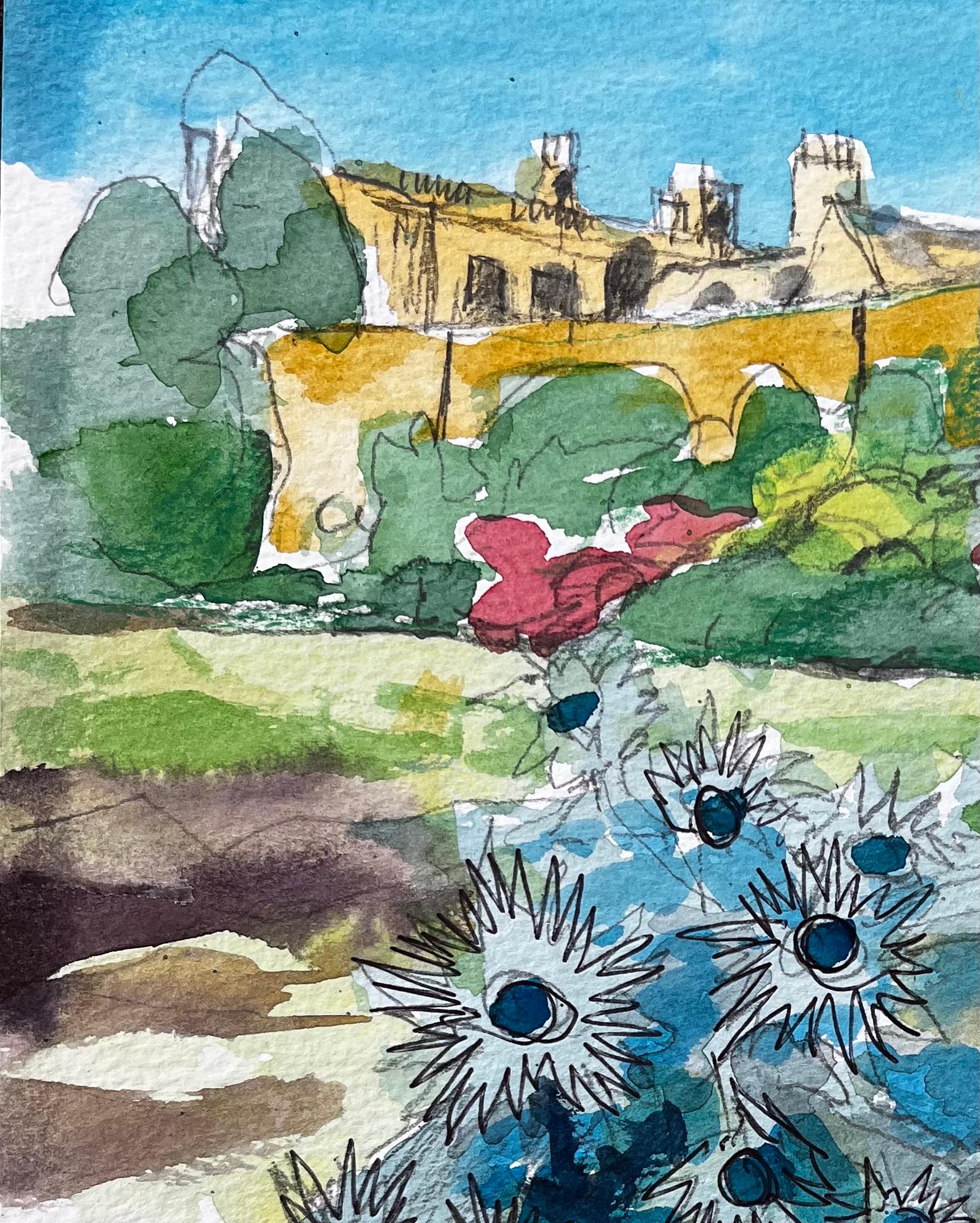 Titel: Waterperry Gardens Oxfordshire Aquarell mit blauen Disteln und Manor House
von John Steane (geb.1931)
Größe: 11,5 Zoll (Höhe) x 9 Zoll (Breite)
Aquarellmalerei auf Papier, ungerahmt
Zustand: Gut, einige schwache Handhabungsspuren und leichte
