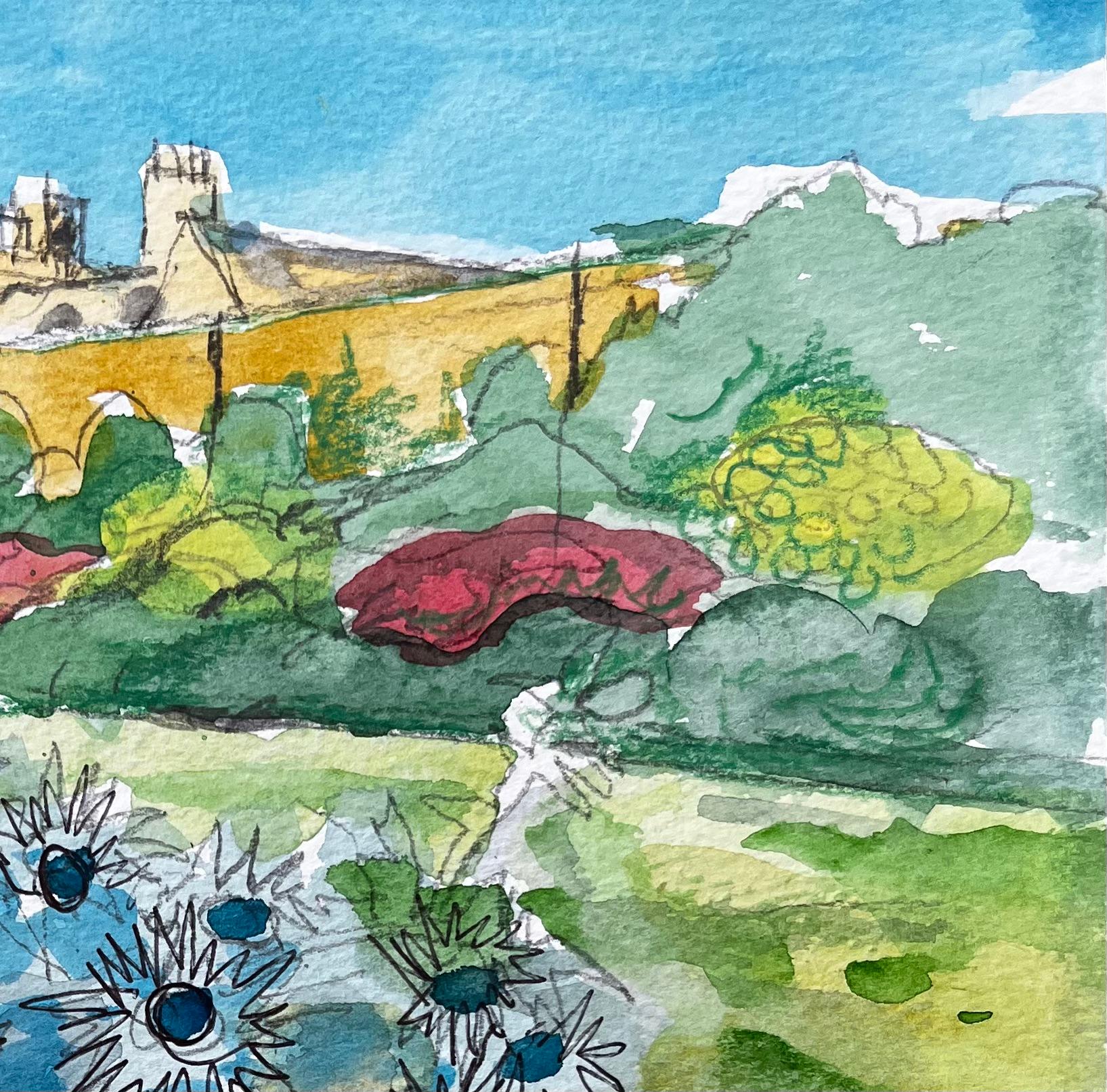 Waterperry Gardens Oxfordshire Aquarell mit blauen Disteln und Manor House im Angebot 1