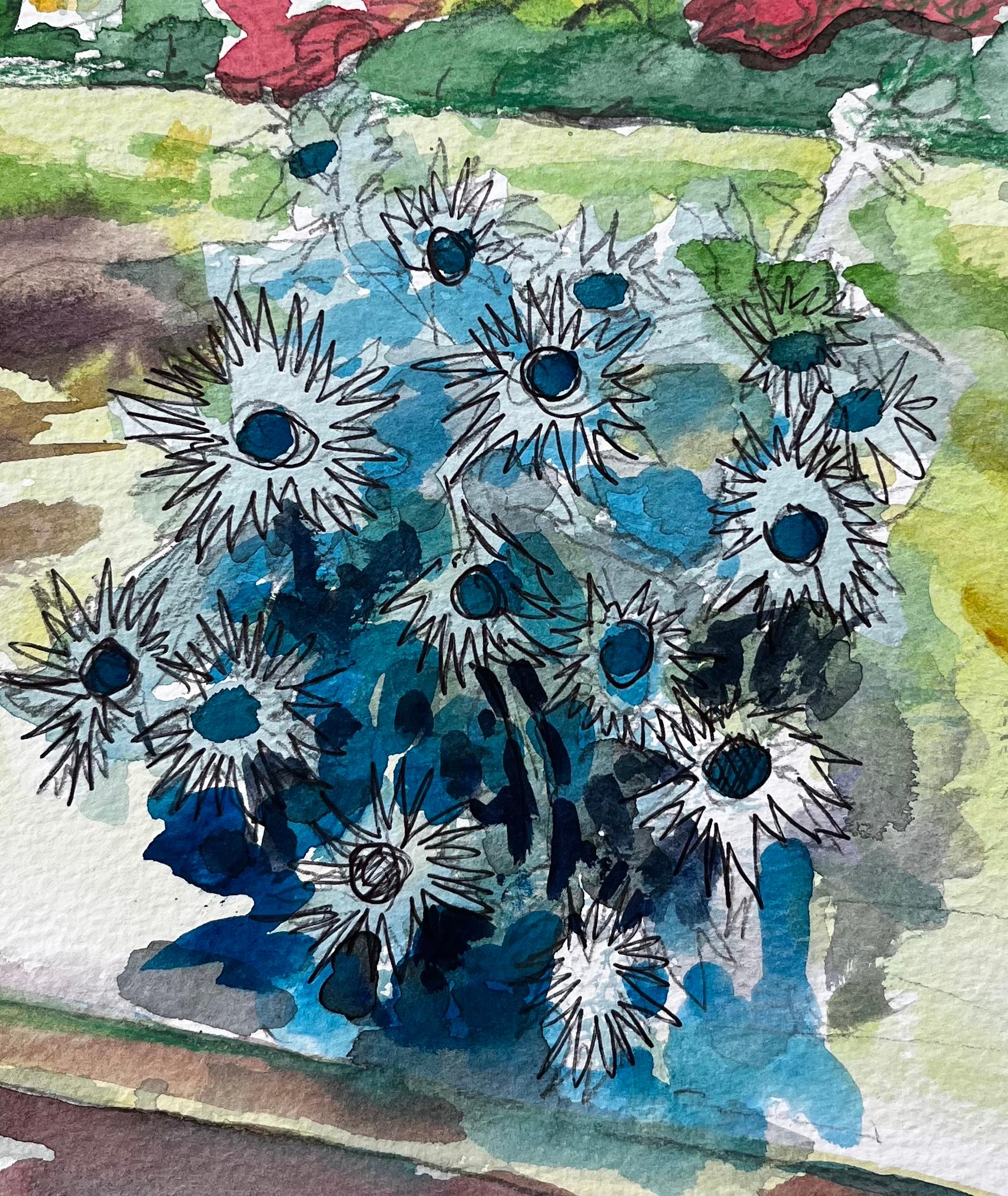 Waterperry Gardens Oxfordshire Aquarell mit blauen Disteln und Manor House im Angebot 2
