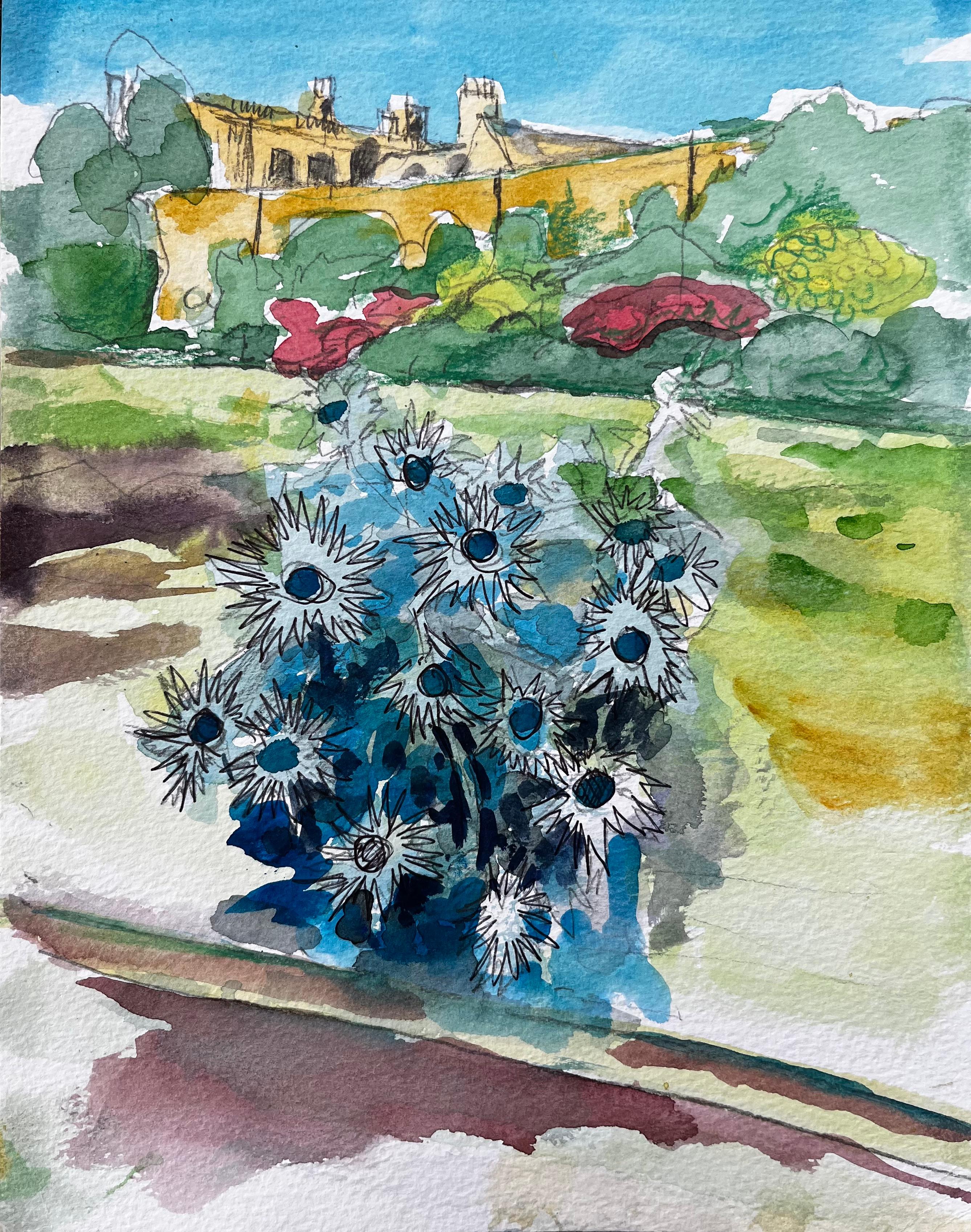 John Steane (b.1931) Landscape Art – Waterperry Gardens Oxfordshire Aquarell mit blauen Disteln und Manor House
