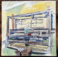 Weaving Loom Interior Watercolour of Cogswell Manor Farm Textile Workshop 1988