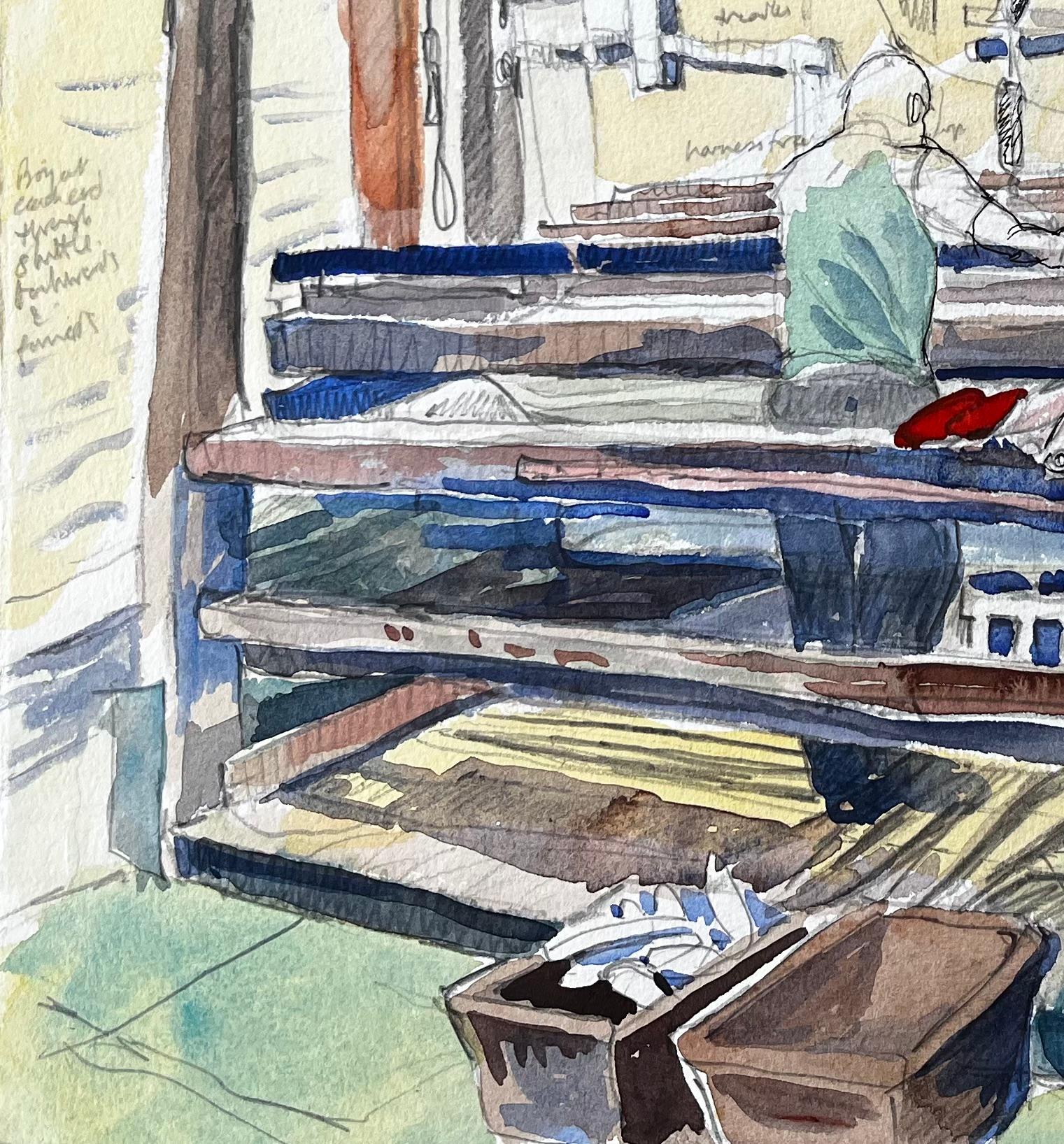 Webstuhl Innenraum Aquarell von A. Cogswell Manor Farm Textilwerkstatt 1988 (Impressionismus), Art, von John Steane (b.1931)